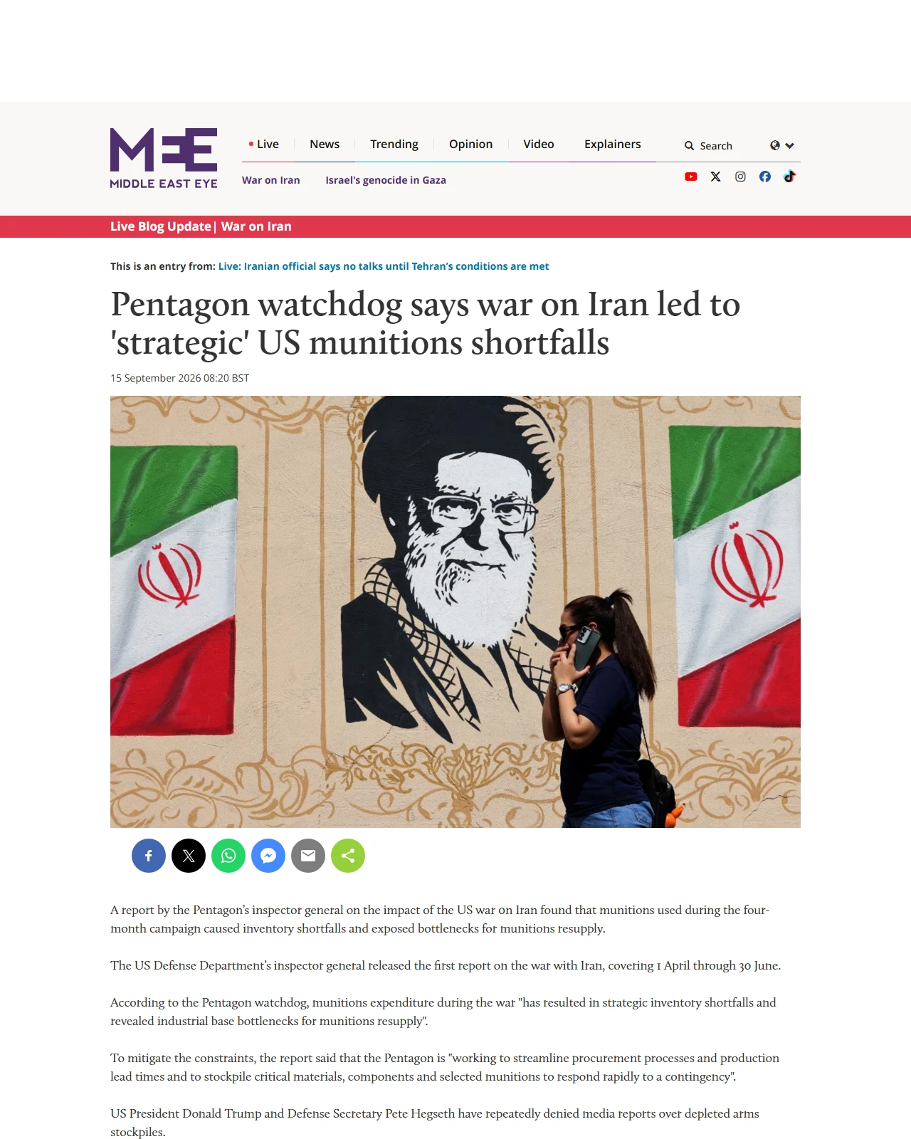 middleeasteye.net as published: Pentagon watchdog says war on Iran led to 'strategic' US munitions shortfalls