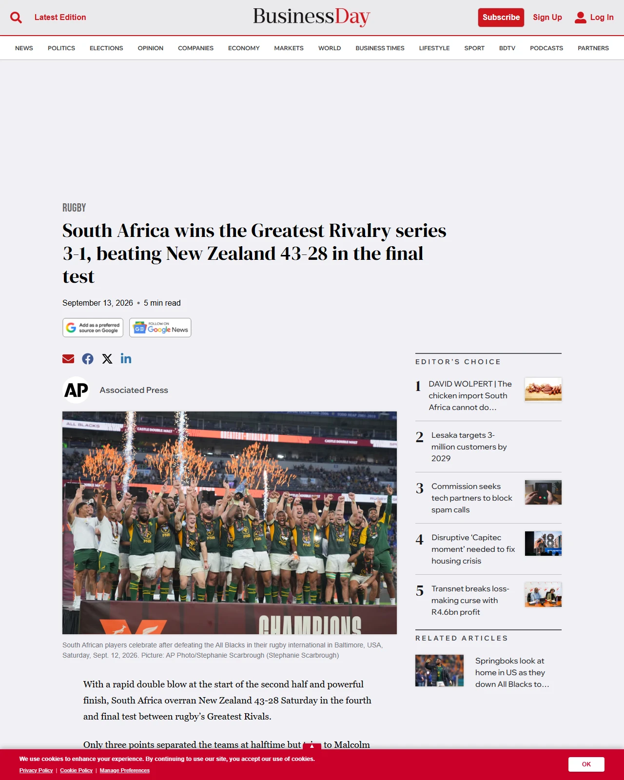 businessday.co.za as published: South Africa wins the Greatest Rivalry series 3-1, beating New Zealand 43-28 in the final test