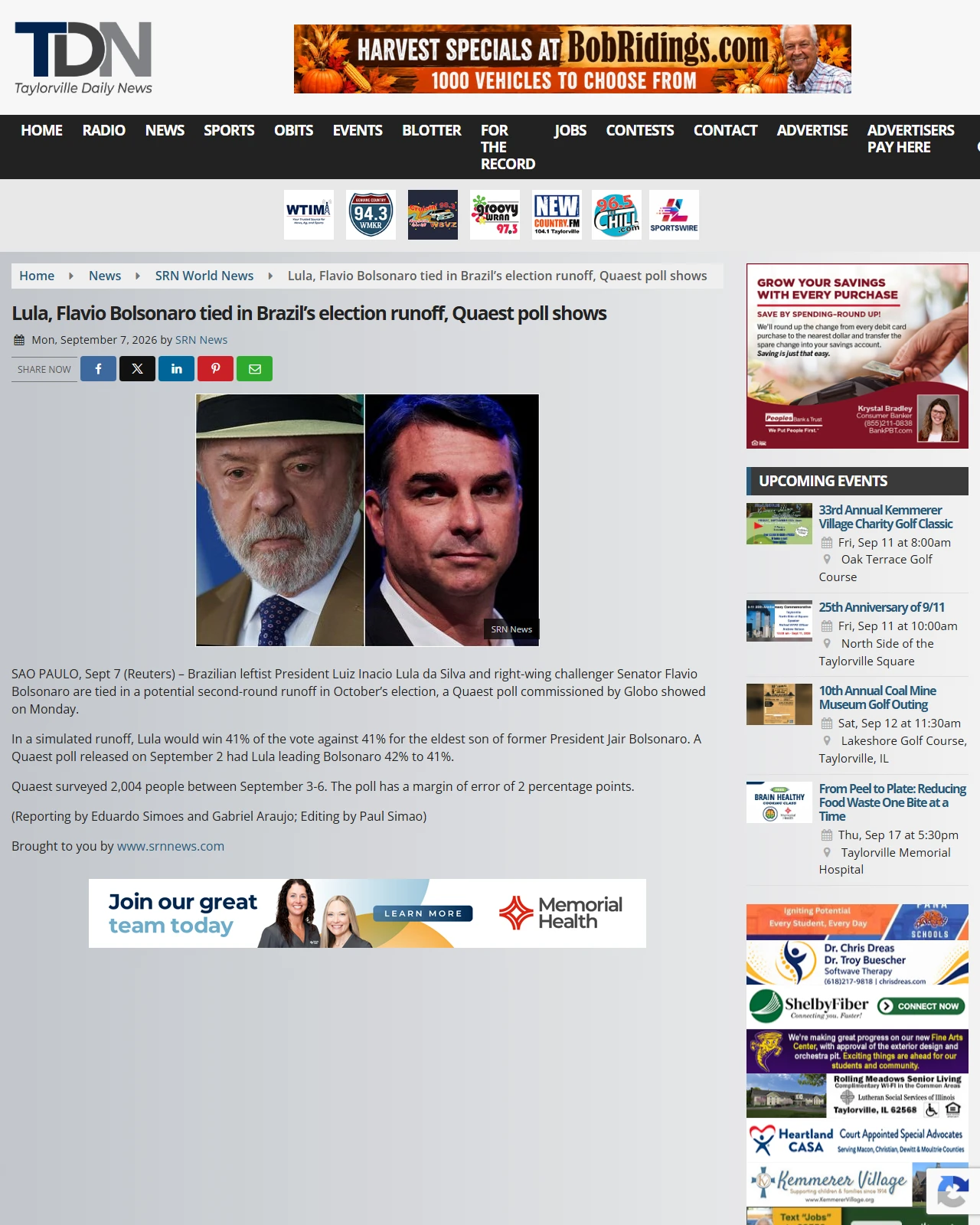 taylorvilledailynews.com as published: Lula, Flavio Bolsonaro tied in Brazil’s election runoff, Quaest poll shows