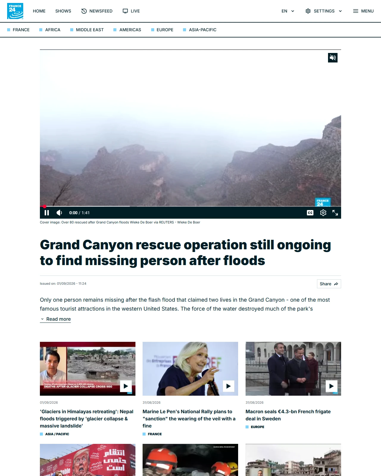 france24.com as published: Grand Canyon rescue operation still ongoing to find missing person after floods