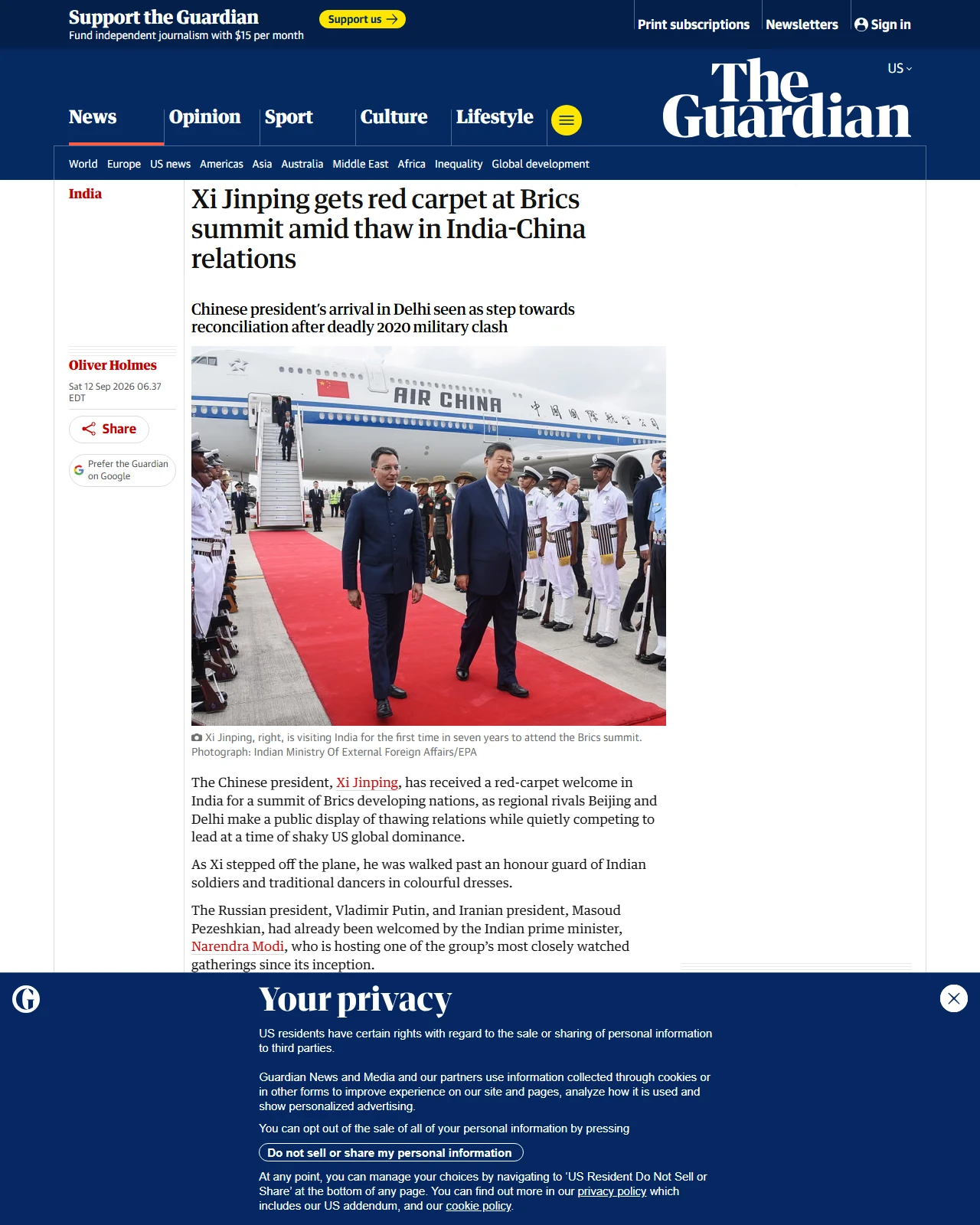 theguardian.com as published: Xi Jinping gets red carpet at Brics summit amid thaw in India-China relations
