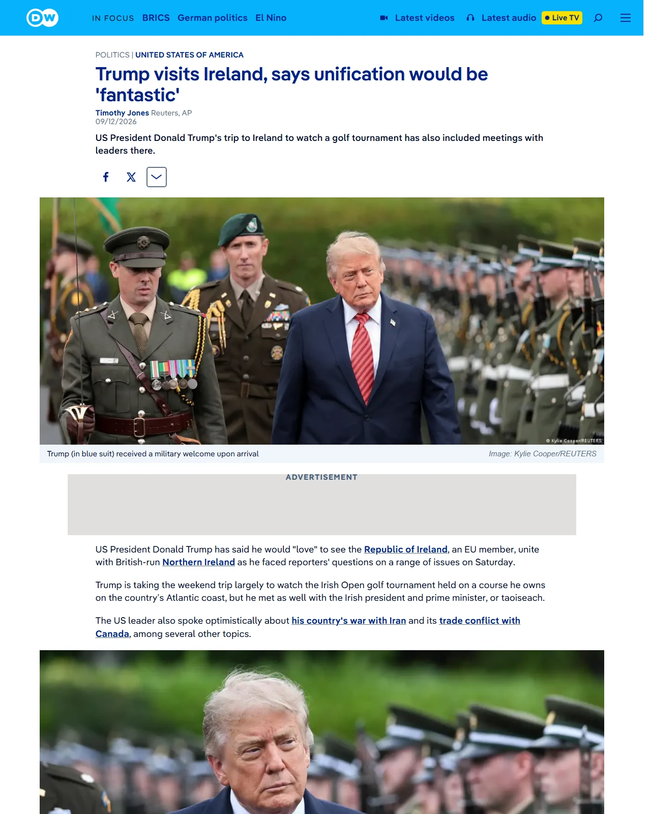 dw.com as published: Trump visits Ireland, says unification would be 'fantastic'