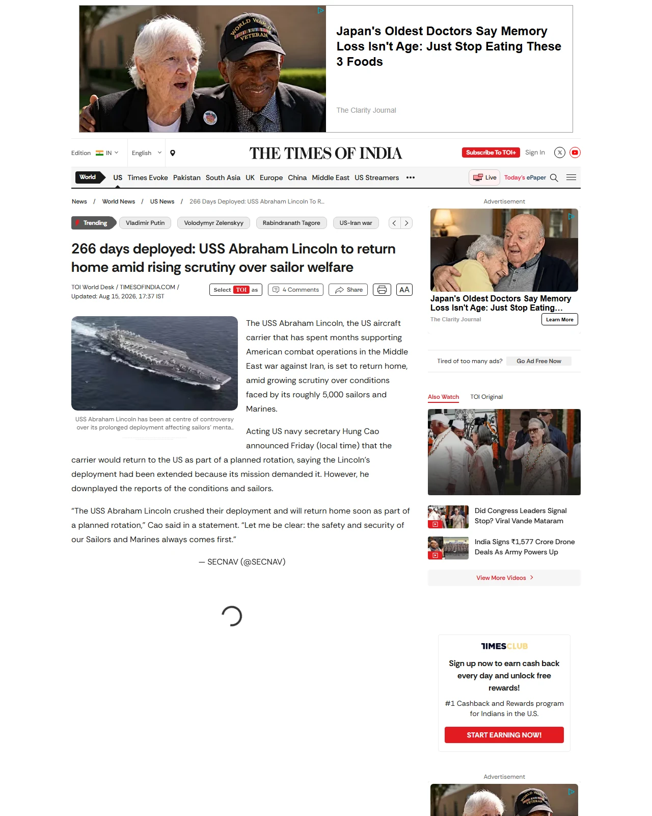 timesofindia.indiatimes.com as published: USS Abraham Lincoln to return home amid rising scrutiny over sailor welfare