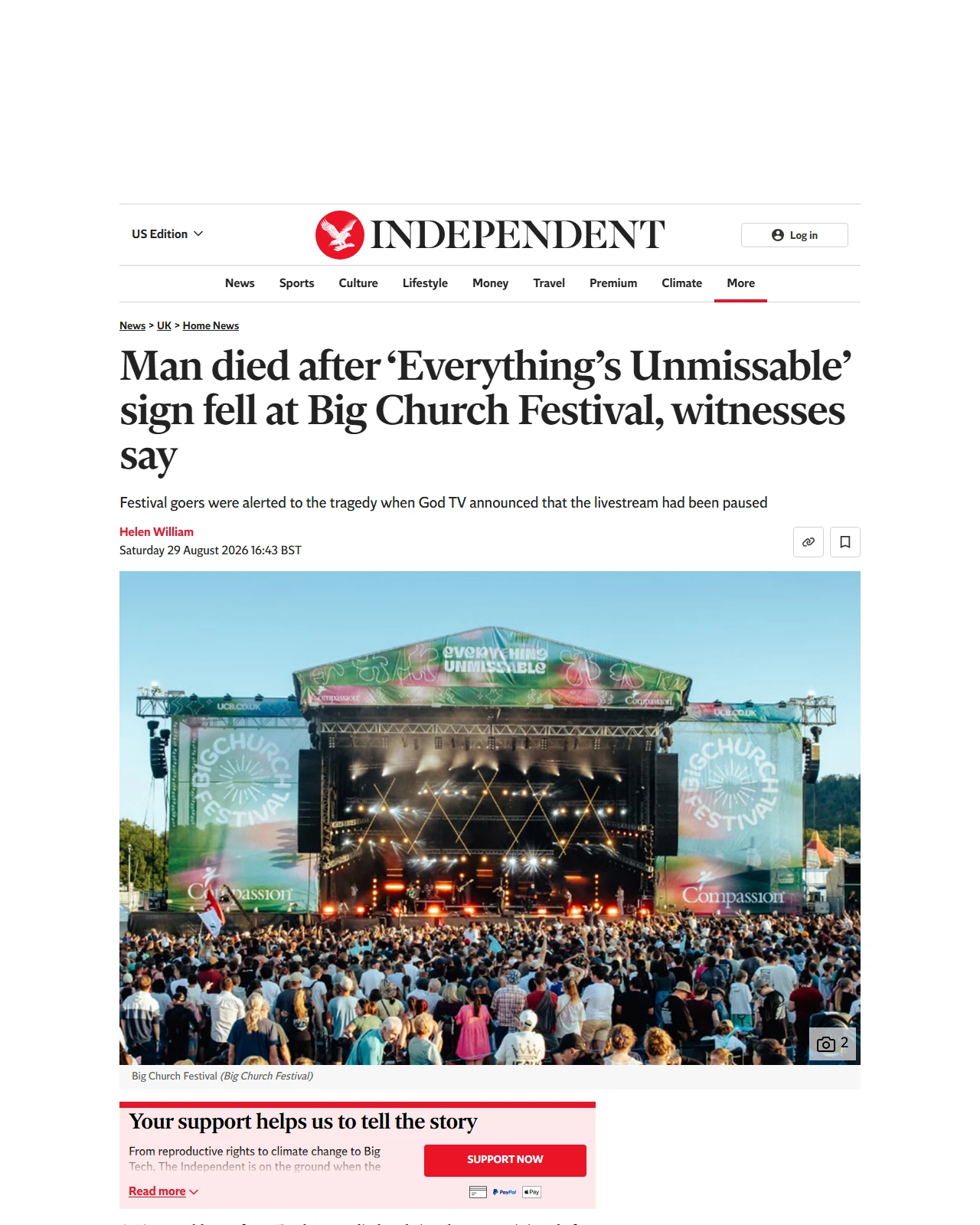 independent.co.uk as published: Man died after ‘Everything’s Unmissable’ sign fell at Big Church Festival, witnesses say