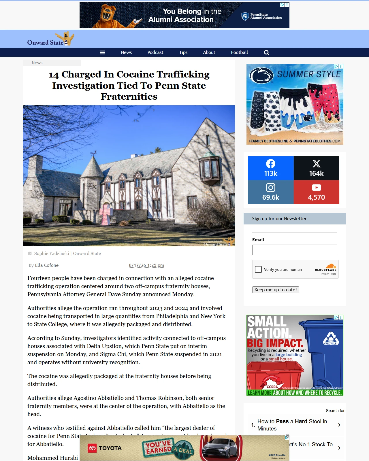onwardstate.com as published: 14 Charged In Cocaine Trafficking Investigation Tied To Penn State Fraternities