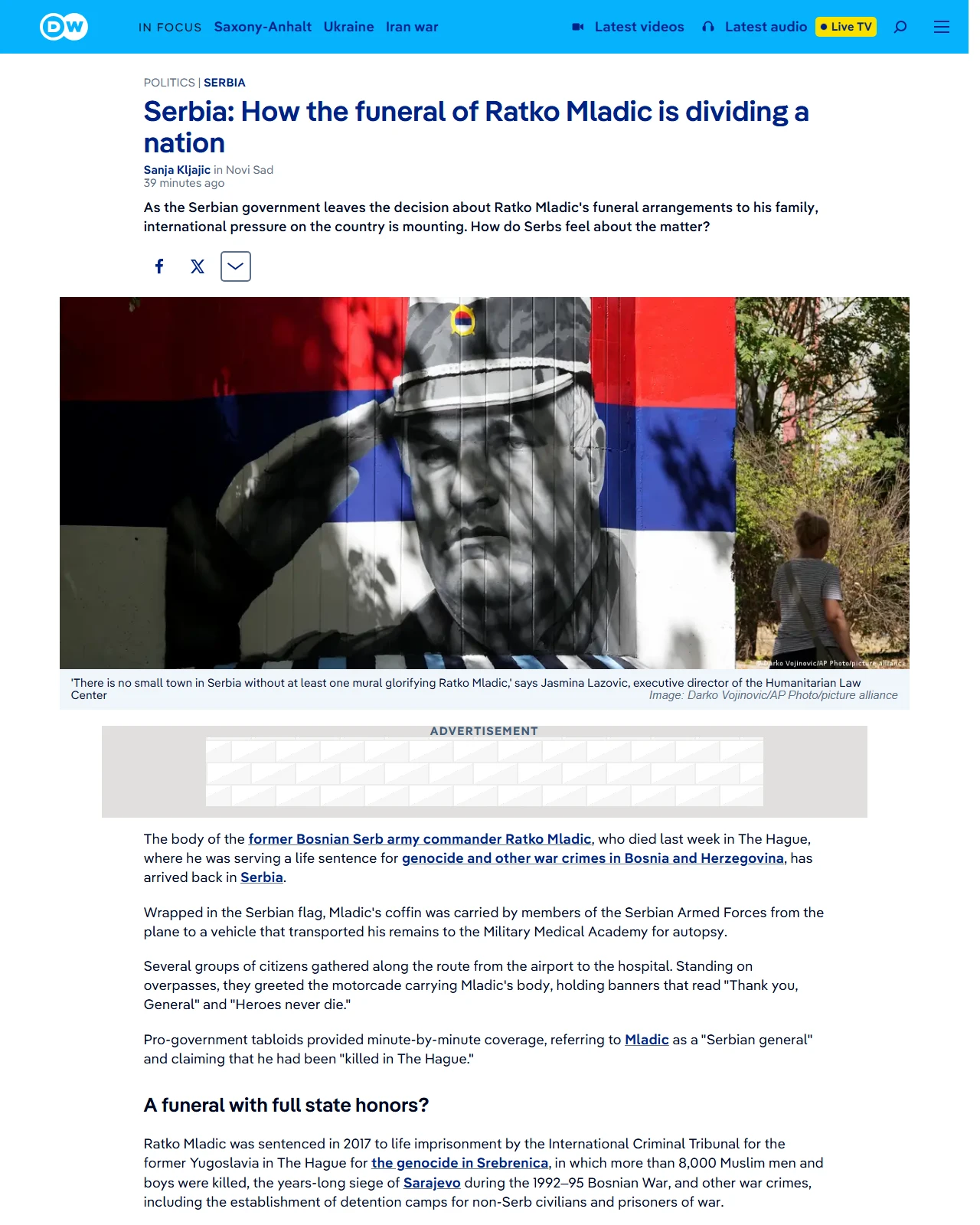 dw.com as published: Serbia: How the funeral of Ratko Mladic is dividing a nation