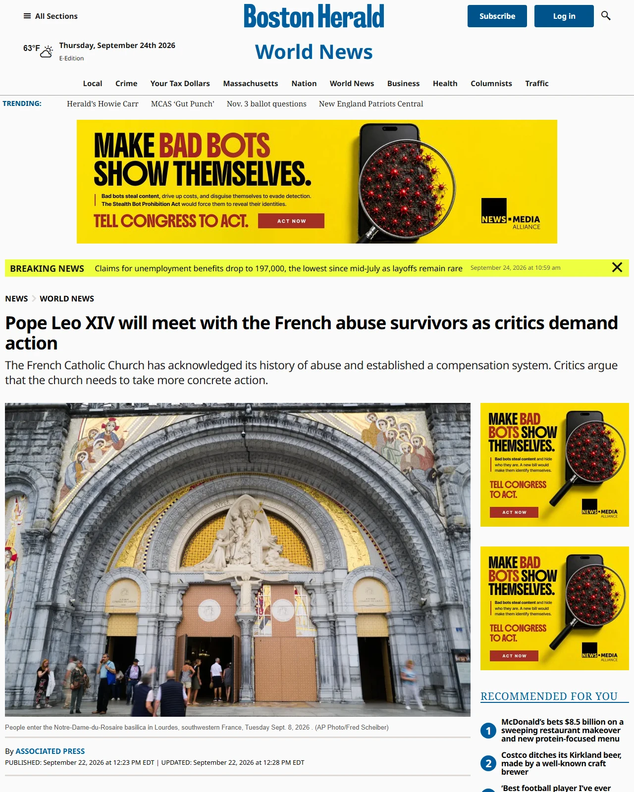 bostonherald.com as published: Pope Leo XIV will meet with the French abuse survivors as critics demand action