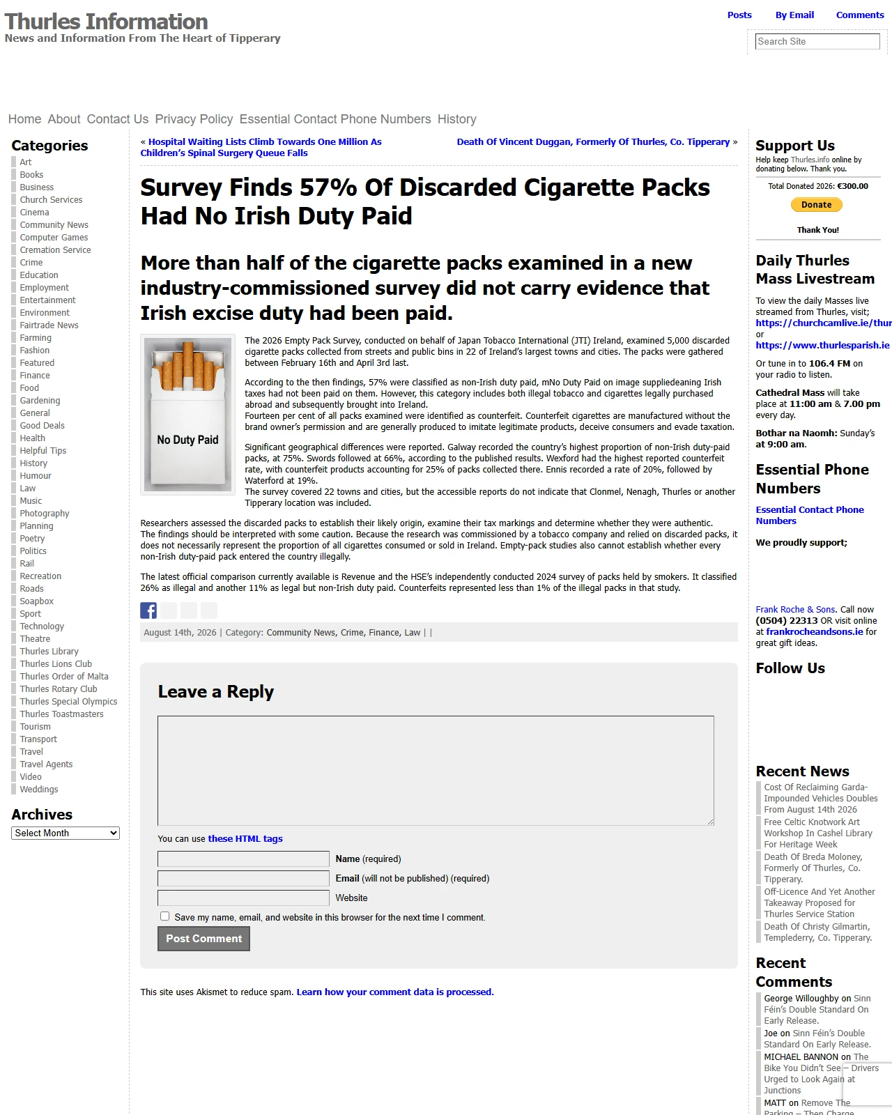 thurles.info as published: Survey Finds 57% Of Discarded Cigarette Packs Had No Irish Duty Paid