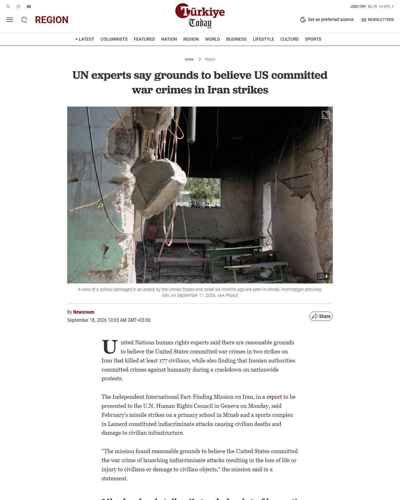 turkiyetoday.com as published: UN experts say grounds to believe US committed war crimes in Iran strikes