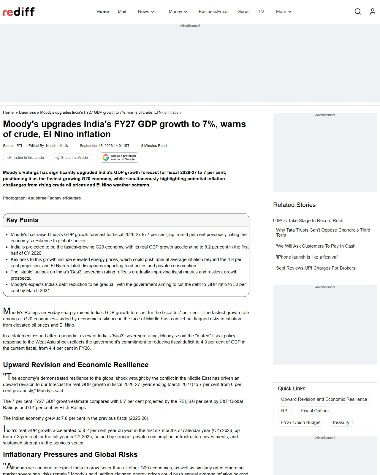 rediff.com as published: Moody's Raises India's FY27 GDP Growth Forecast to 7% Amidst Global Shocks, Flags Inflation Risks