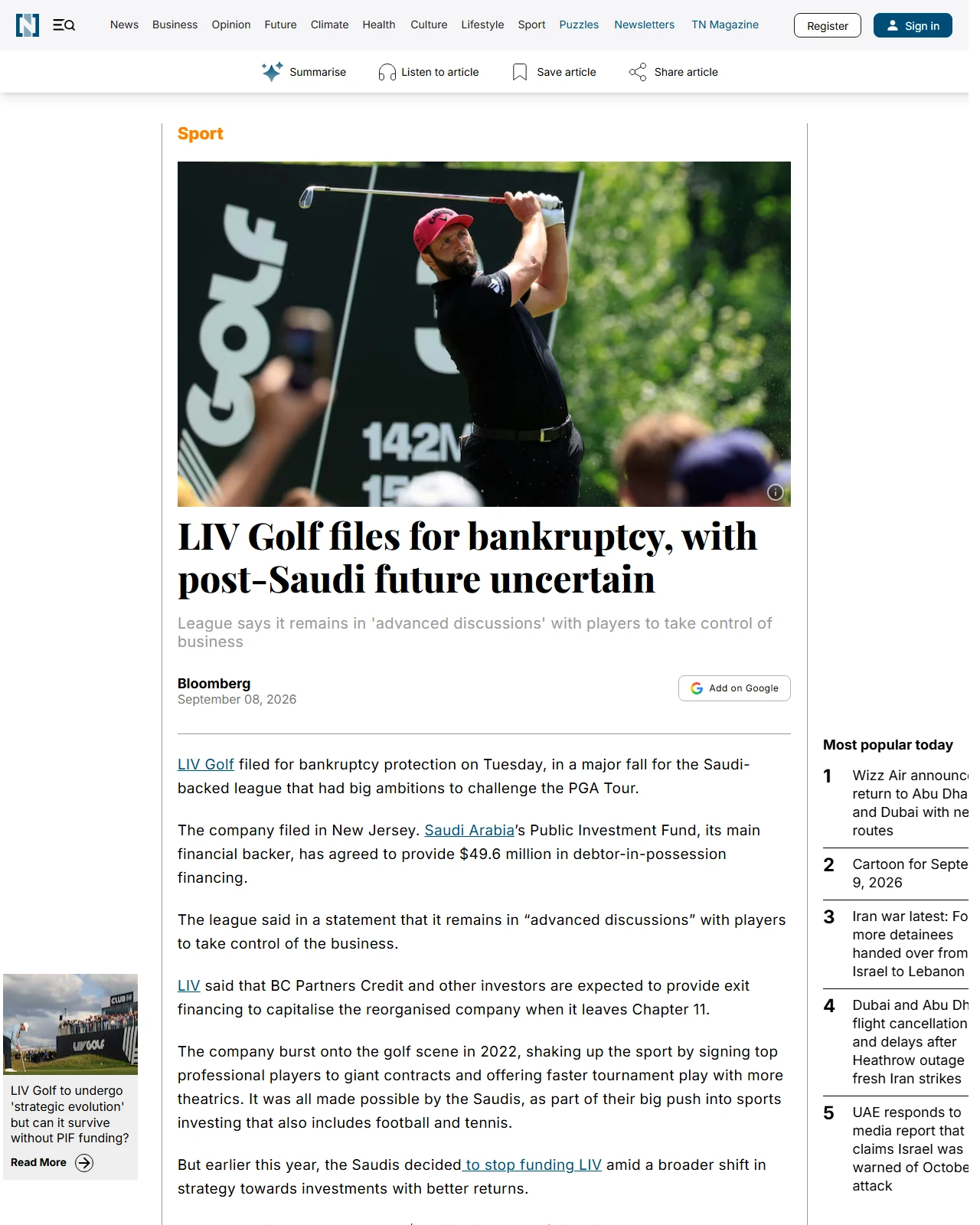 thenationalnews.com as published: LIV Golf files for bankruptcy, with post-Saudi future uncertain