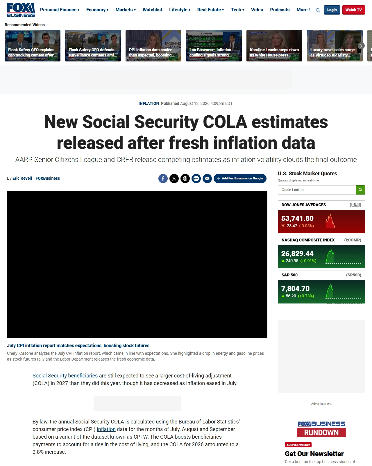 foxbusiness.com as published: New Social Security COLA estimates released after fresh inflation data