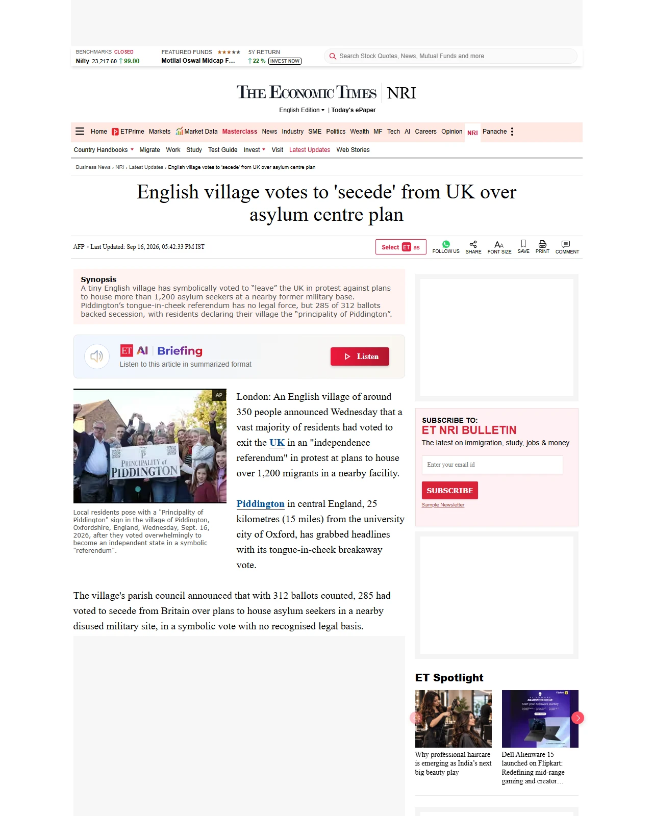 economictimes.com as published: English village votes to 'secede' from UK over asylum centre plan