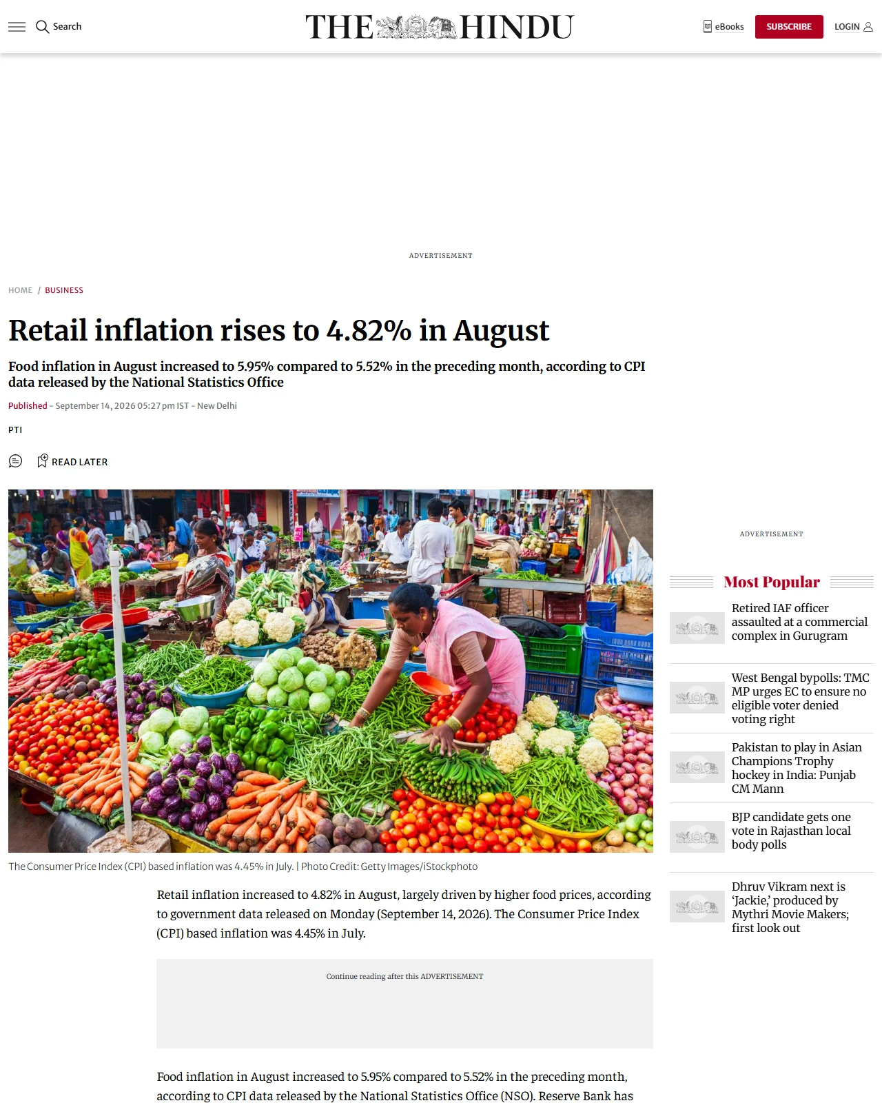thehindu.com as published: Retail inflation rises to 4.82% in August