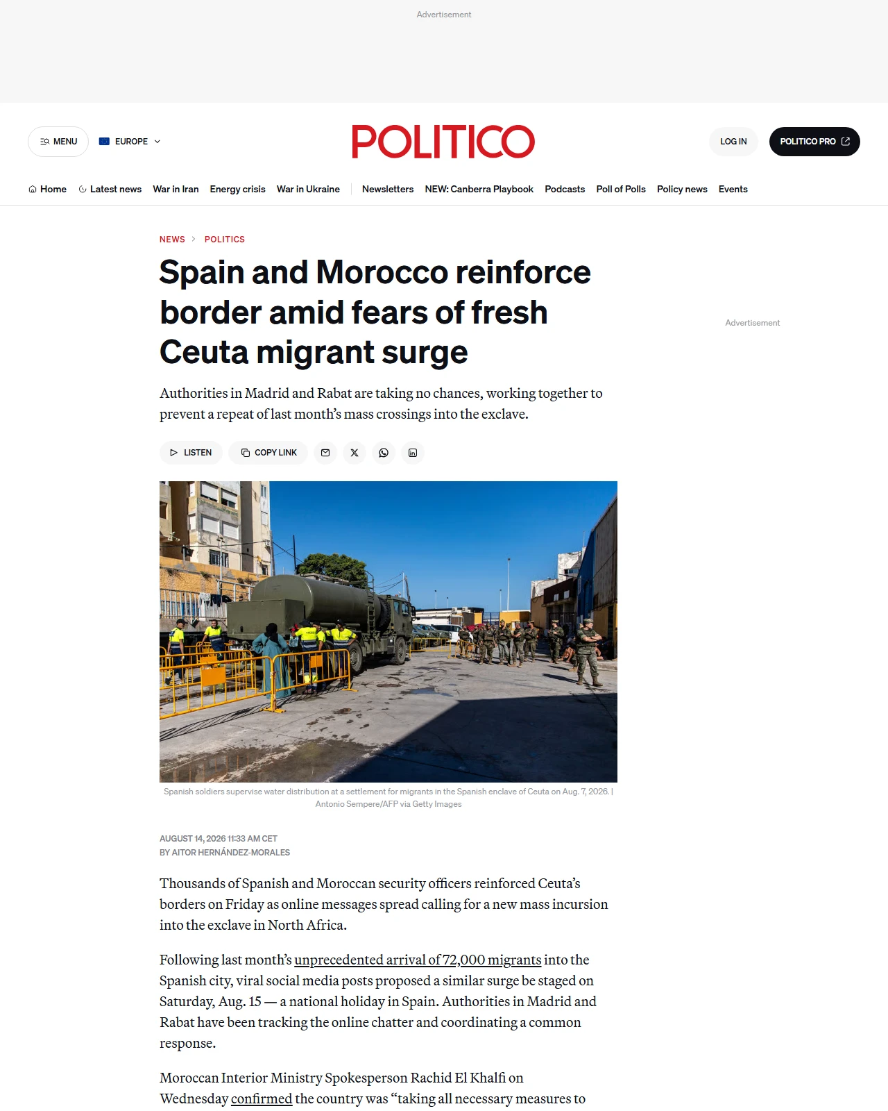 politico.eu as published: Spain and Morocco reinforce border amid fears of fresh Ceuta migrant surge