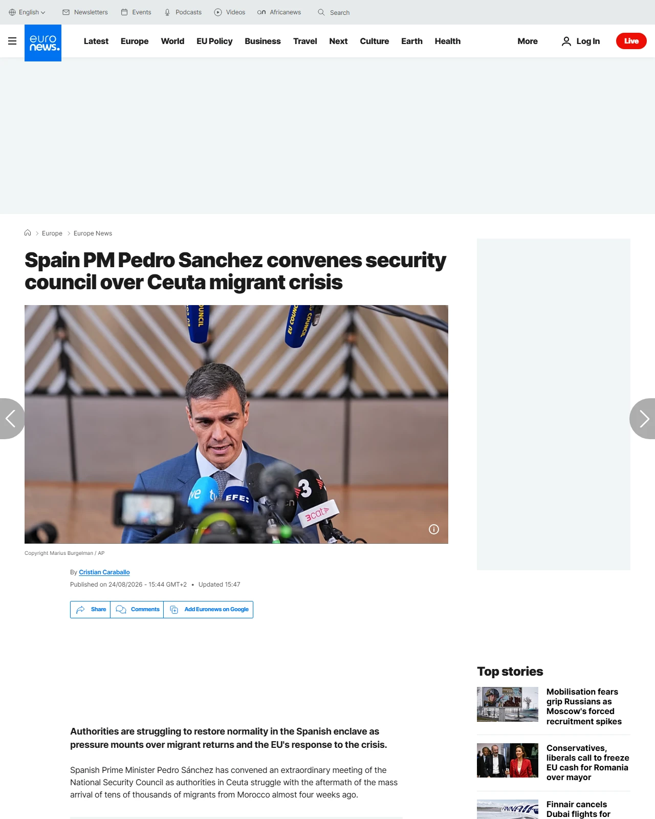 euronews.com as published: Spain PM Pedro Sanchez convenes security council over Ceuta migrant crisis