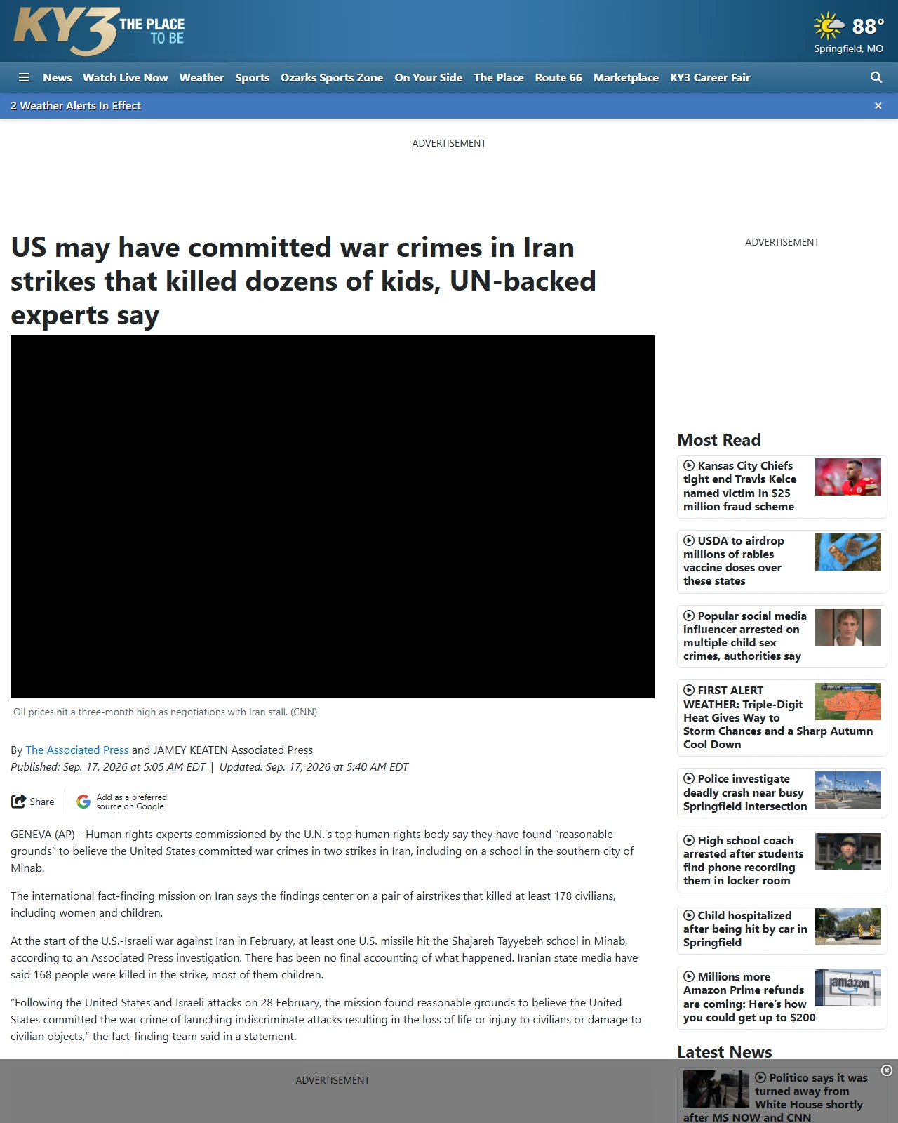 ky3.com as published: US may have committed war crimes in Iran strikes that killed dozens of kids, UN-backed experts say