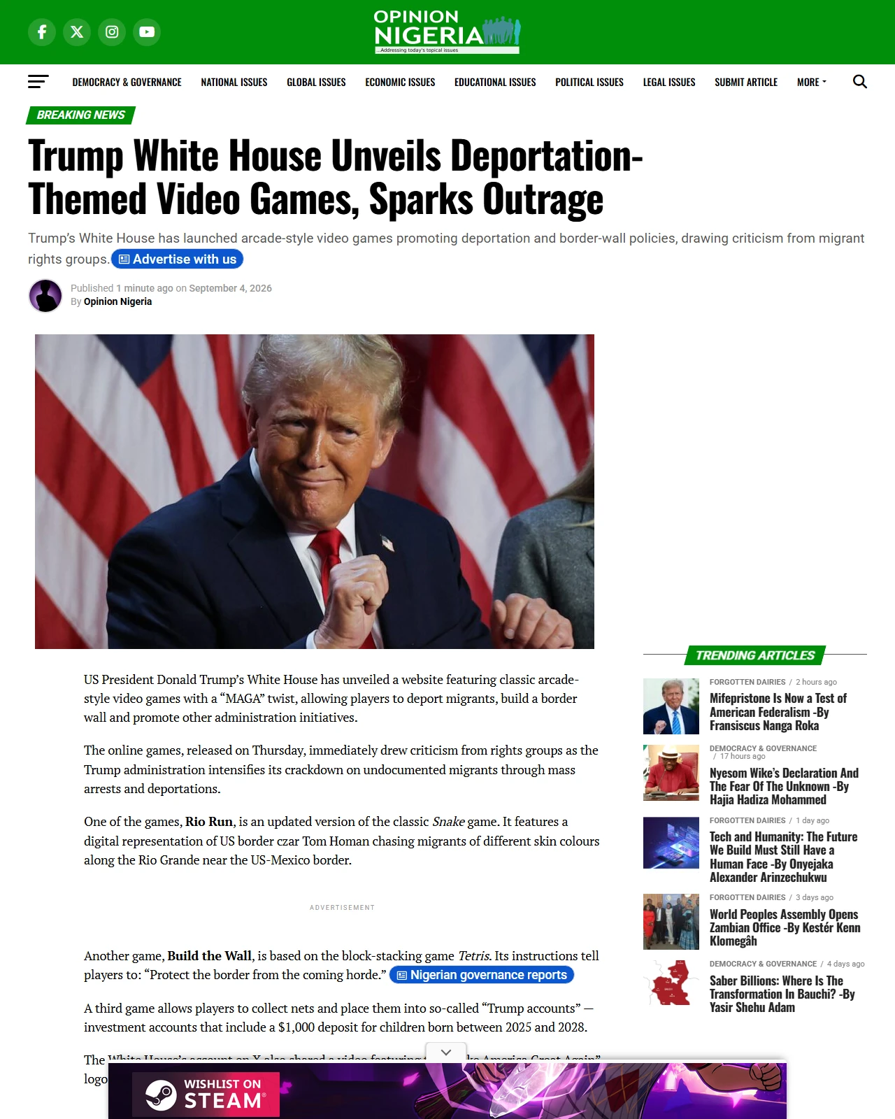 opinionnigeria.com as published: Trump White House Unveils Deportation-Themed Video Games, Sparks Outrage