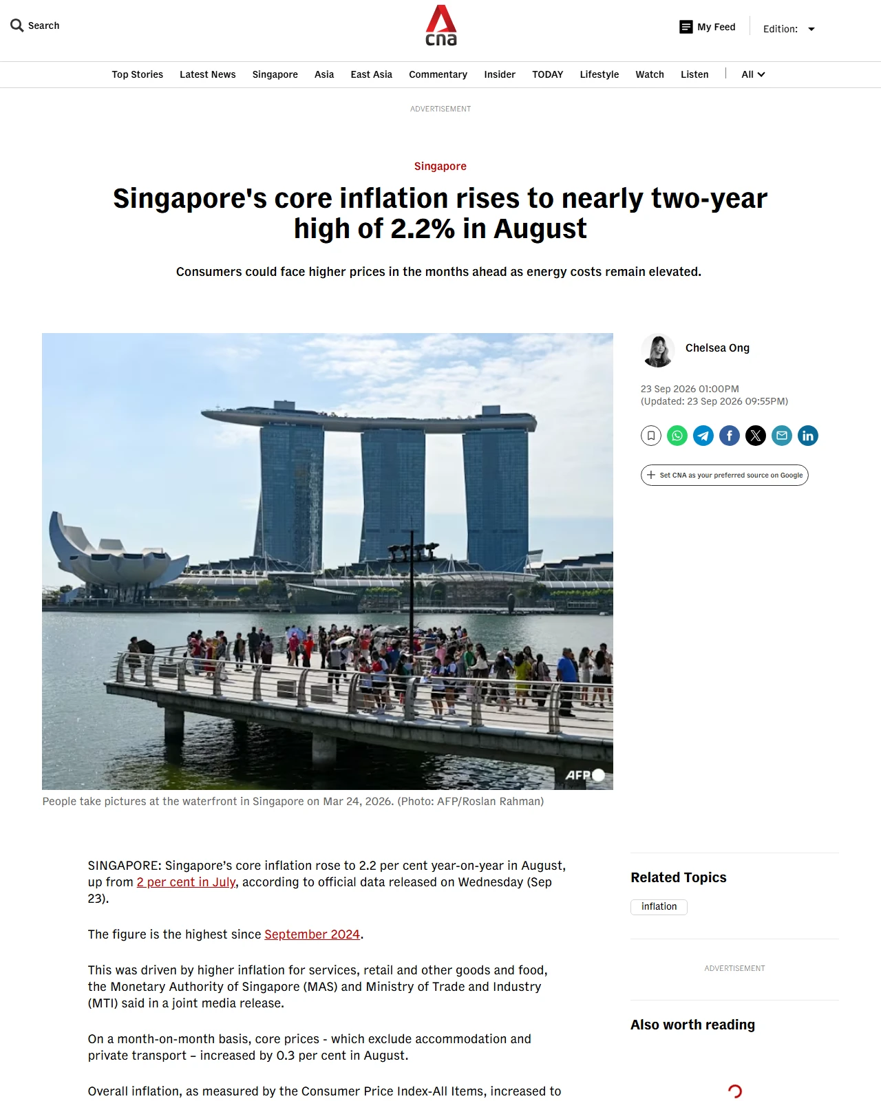 channelnewsasia.com as published: Singapore's core inflation rises to nearly two-year high of 2.2% in August