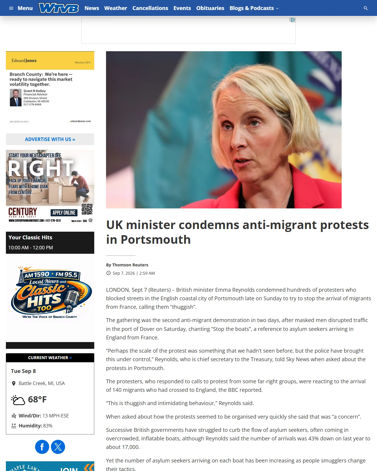 wtvbam.com as published: UK minister condemns anti-migrant protests in Portsmouth