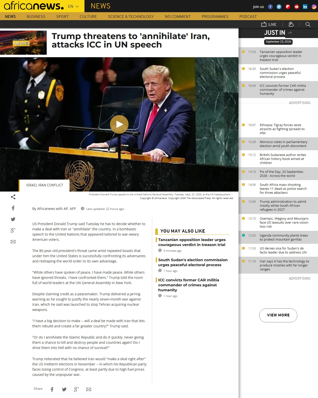 africanews.com as published: Trump threatens to 'annihilate' Iran, attacks ICC in UN speech