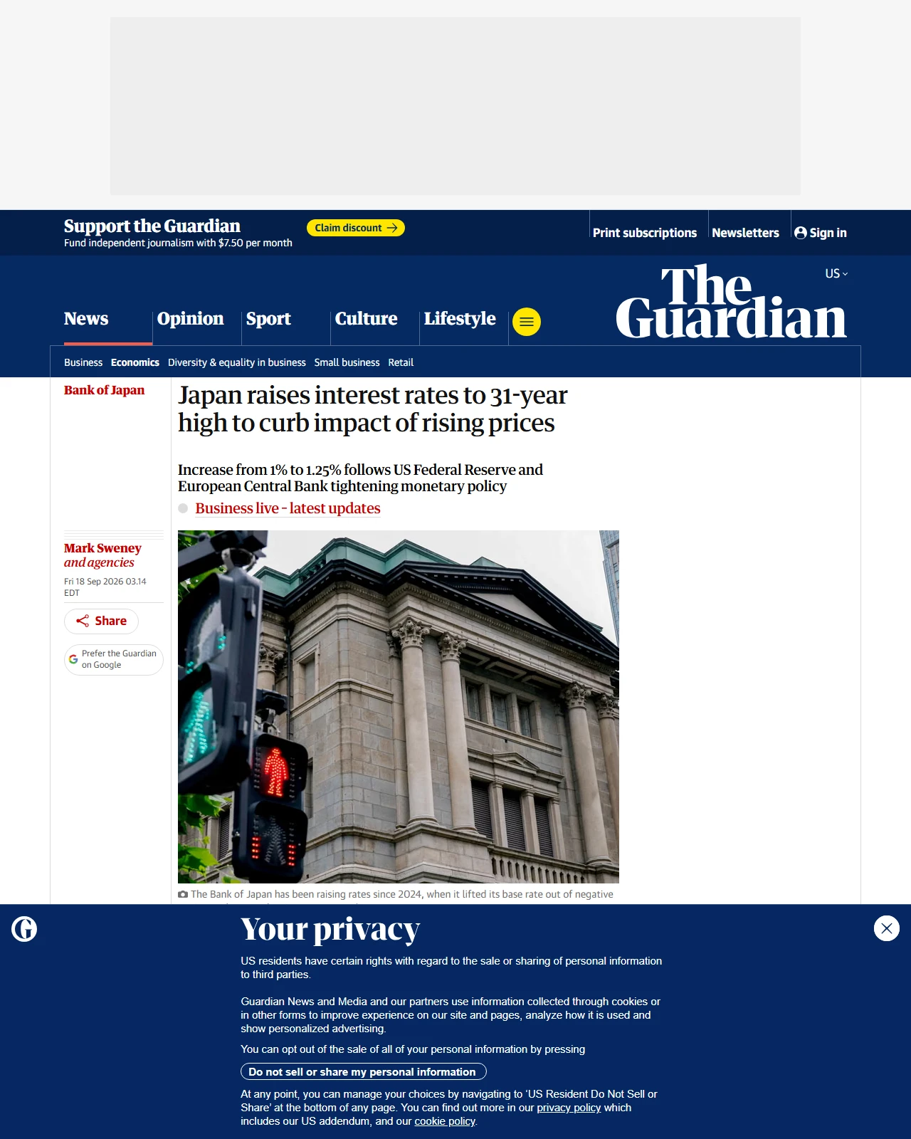 theguardian.com as published: Japan raises interest rates to 31-year high to curb impact of rising prices