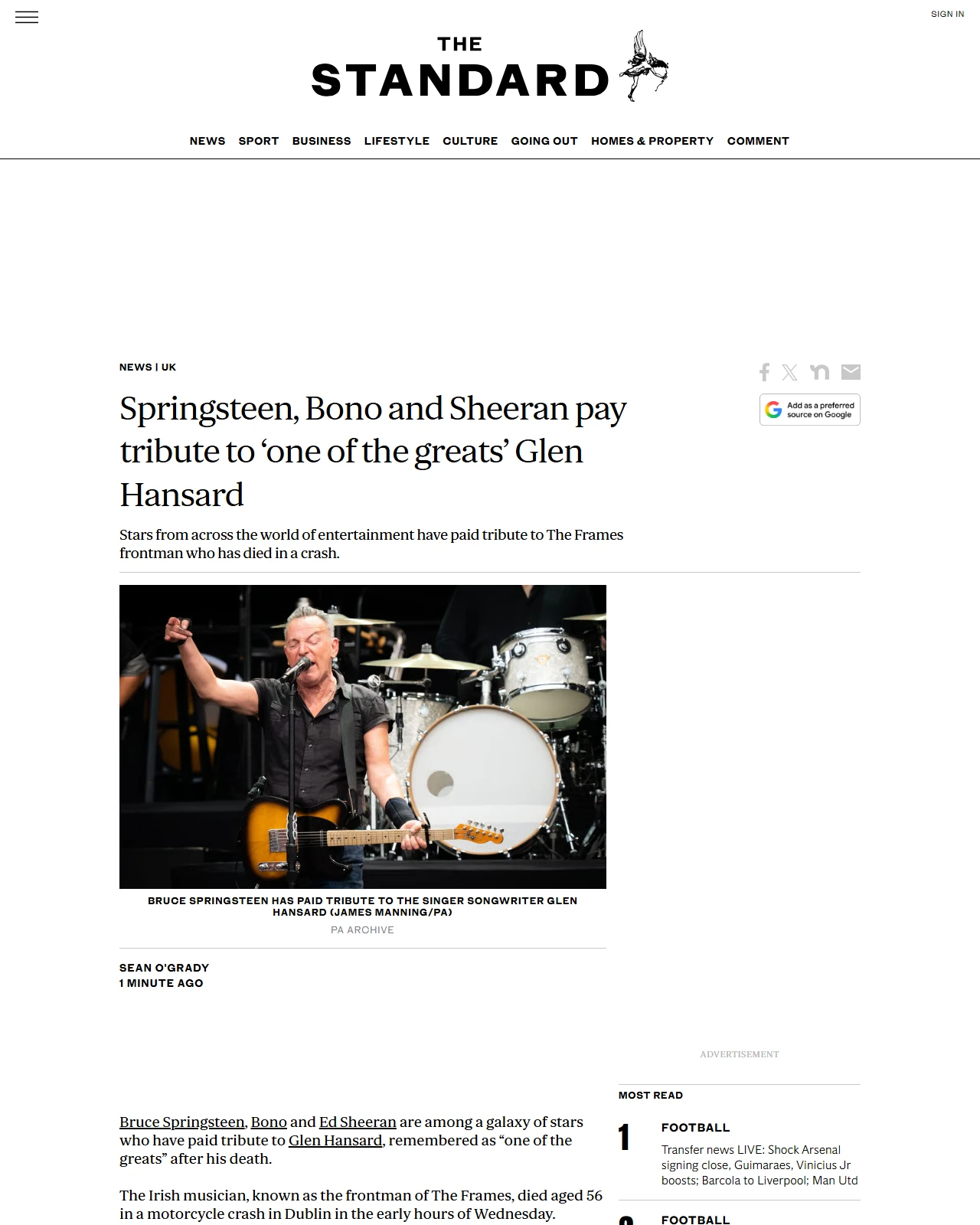 standard.co.uk as published: Springsteen, Bono and Sheeran pay tribute to ‘one of the greats’ Glen Hansard