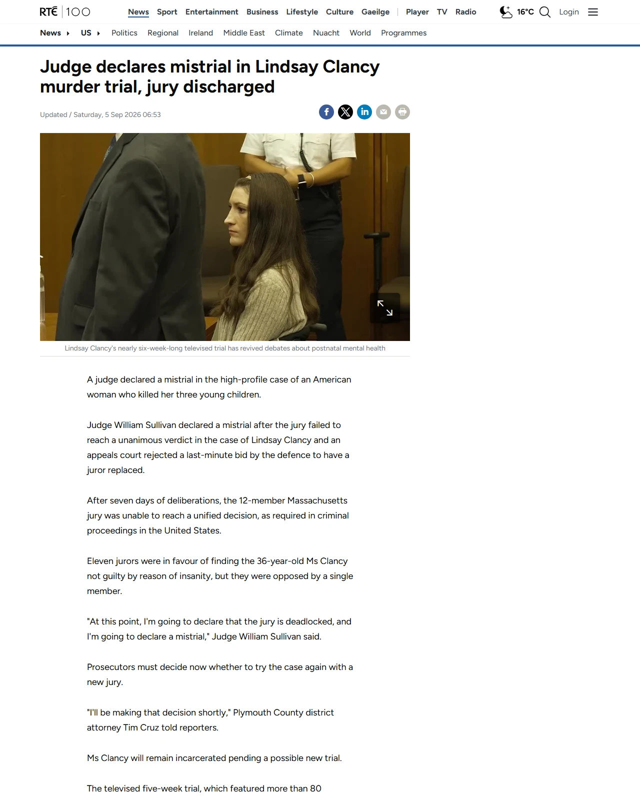 rte.ie as published: Mistrial declared in Clancy murder trial, jury discharged