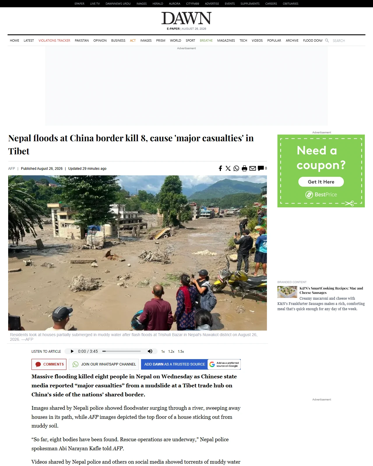 dawn.com as published: Nepal floods at China border kill 8, cause 'major casualties' in Tibet
