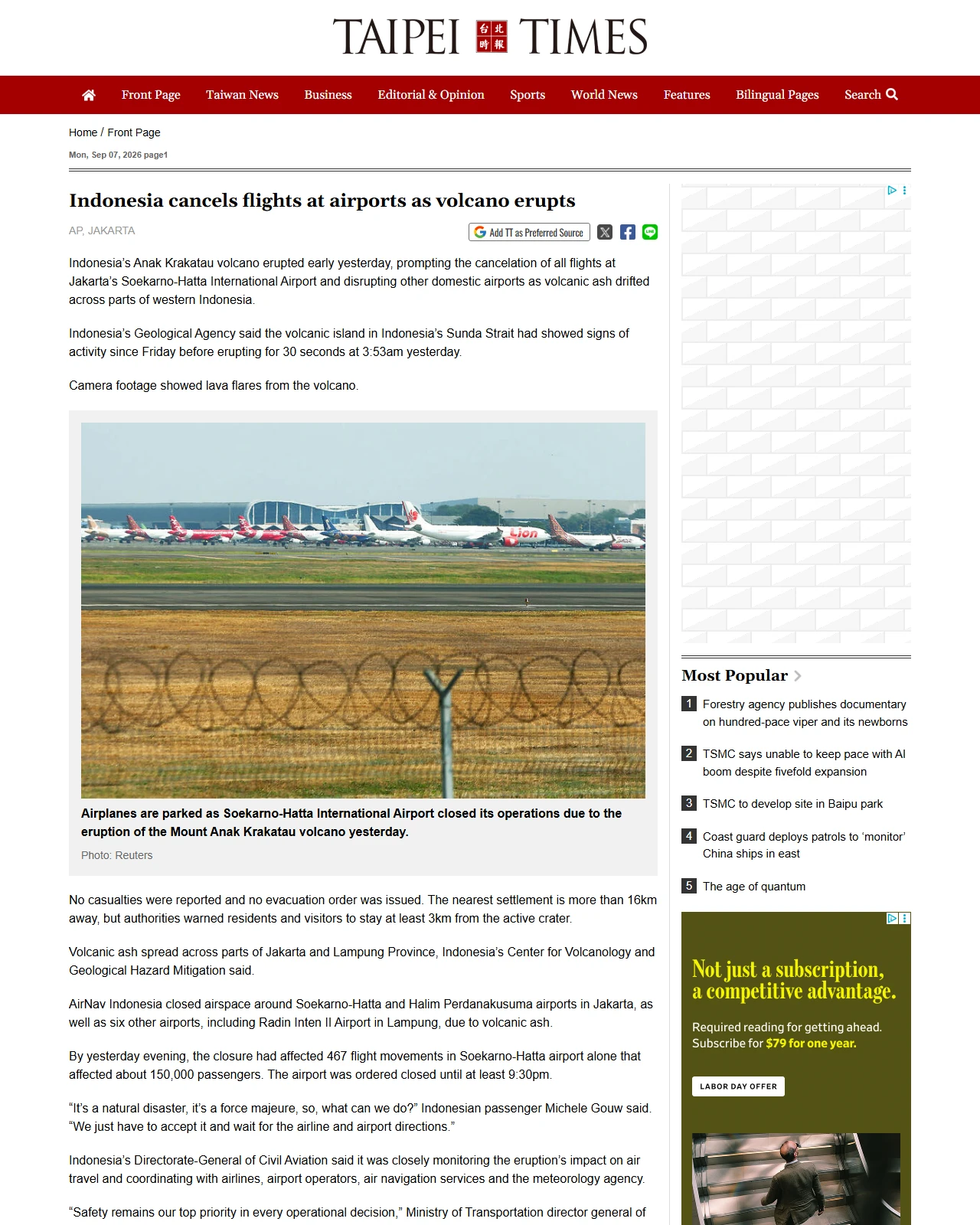taipeitimes.com as published: Indonesia cancels flights at airports as volcano erupts