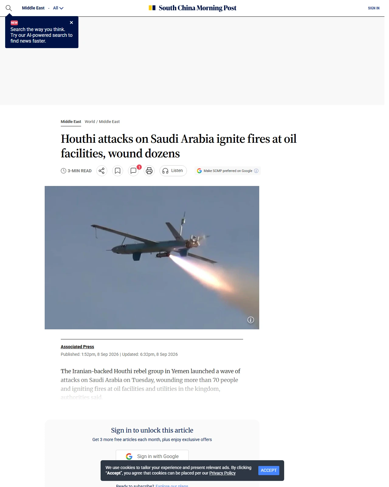 scmp.com as published: Houthi attacks on Saudi Arabia ignite fires at oil facilities, wound dozens