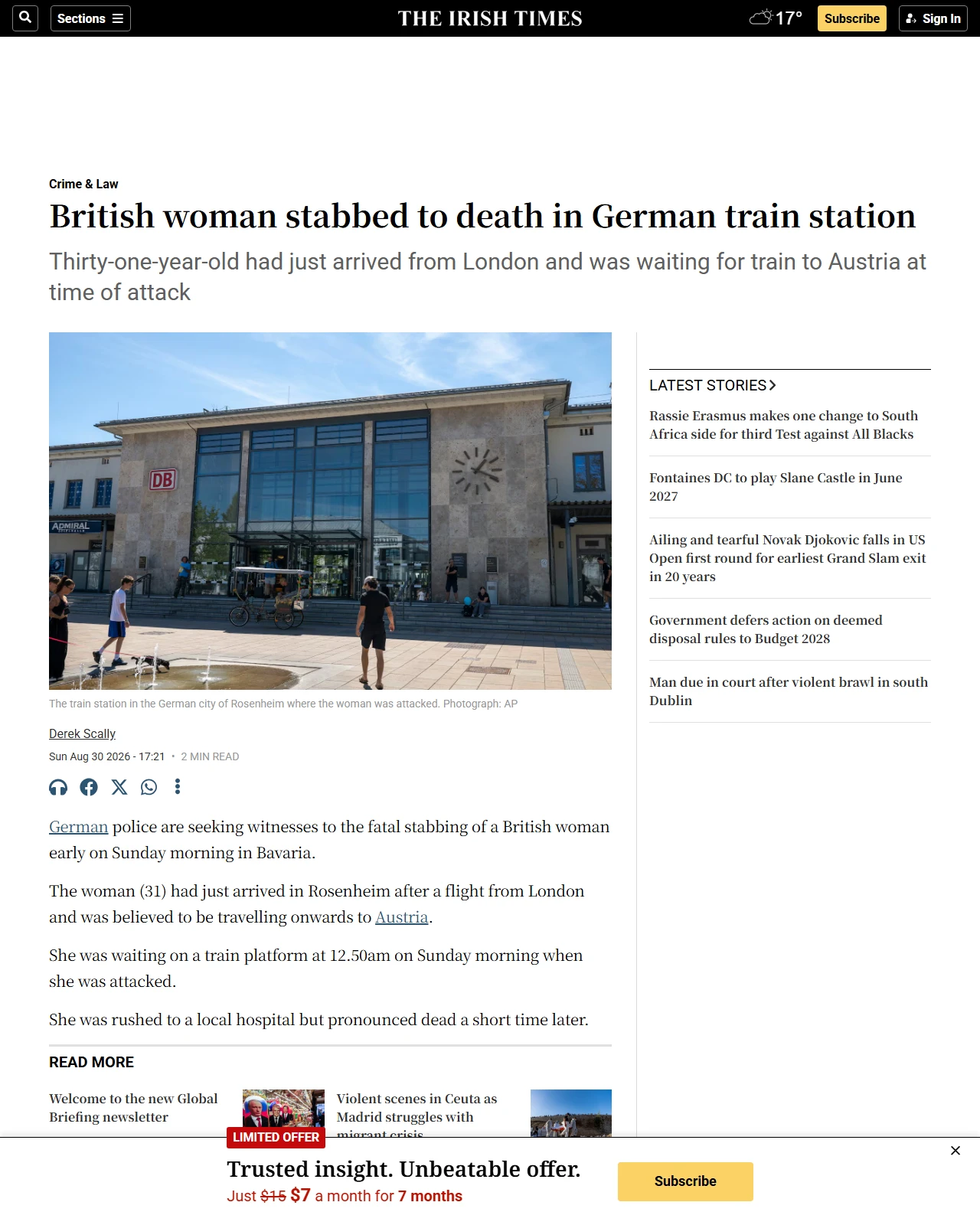 irishtimes.com as published: British woman stabbed to death in German train station