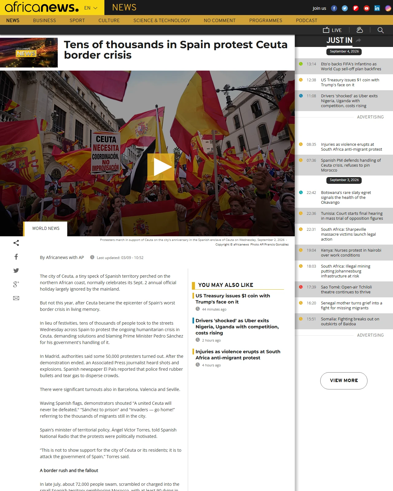 africanews.com as published: Tens of thousands in Spain protest Ceuta border crisis
