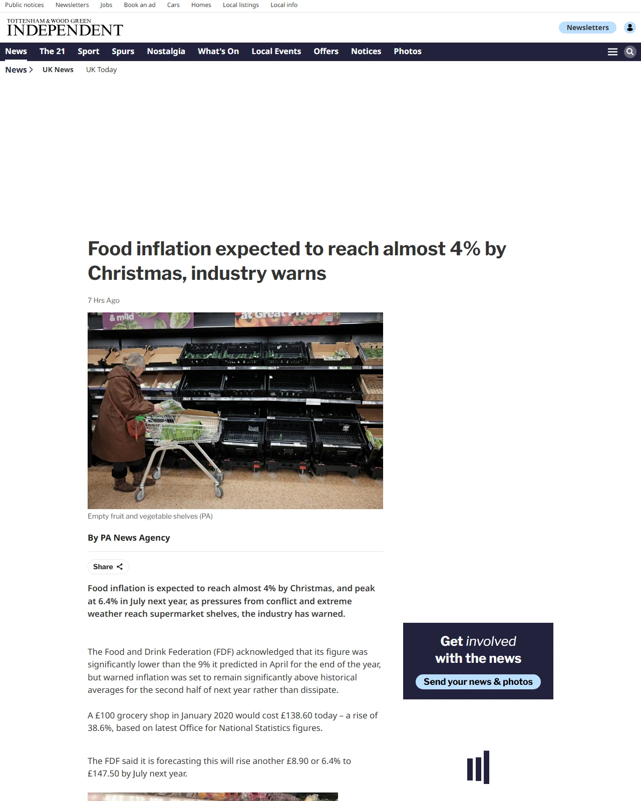 thetottenhamindependent.co.uk as published: Food inflation expected to reach almost 4% by Christmas, industry warns
