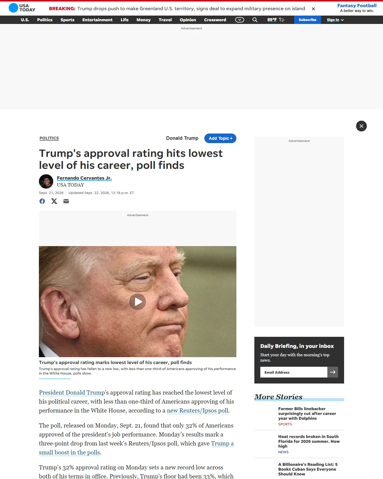 usatoday.com as published: Trump's approval rating hits lowest level of his career, poll finds