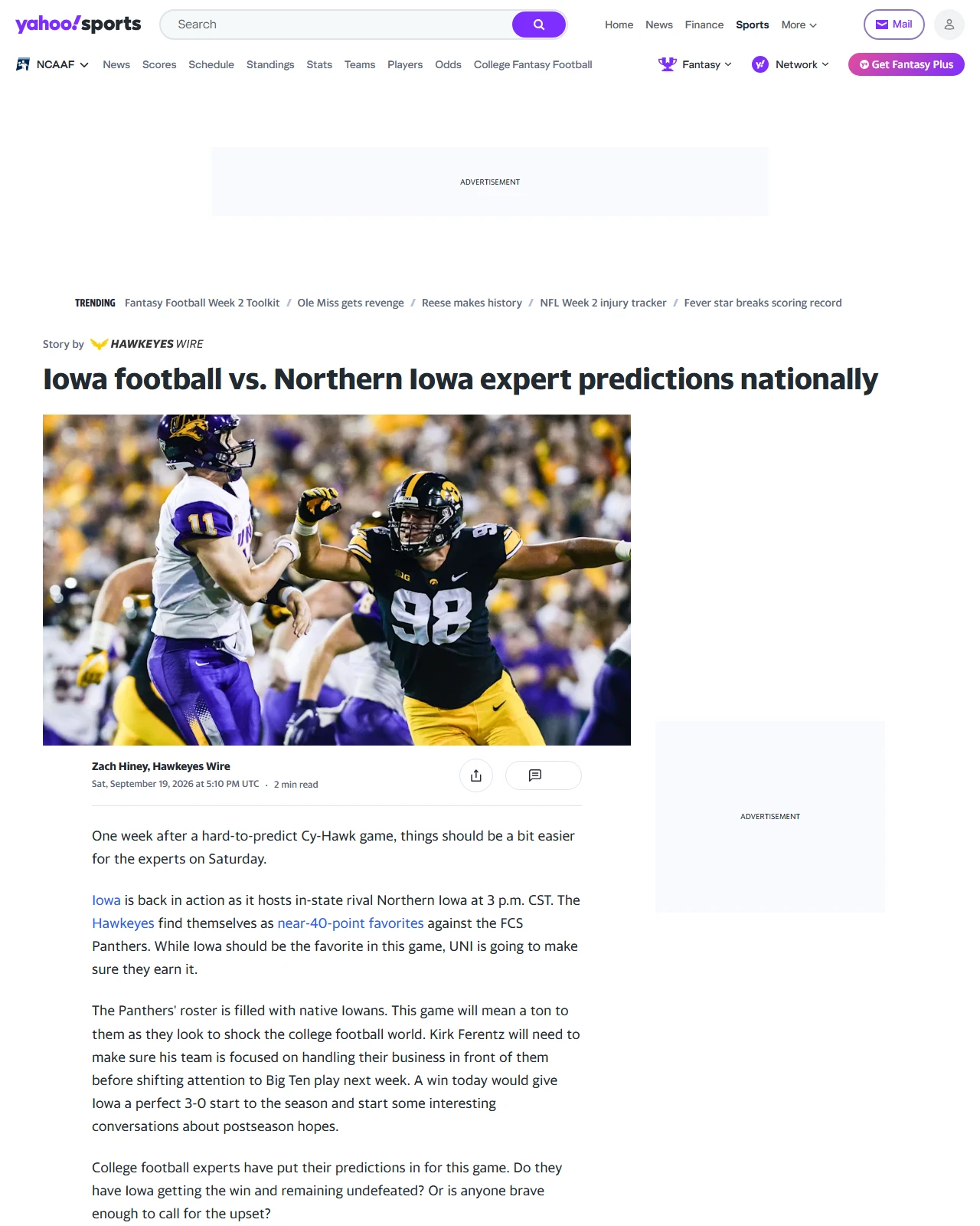 sports.yahoo.com as published: Iowa football vs. Northern Iowa expert predictions nationally