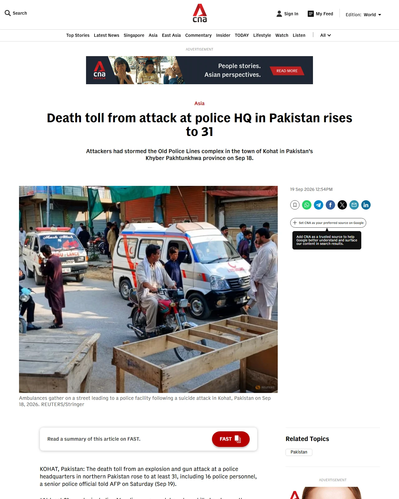 channelnewsasia.com as published: Death toll from attack at police HQ in Pakistan rises to 31