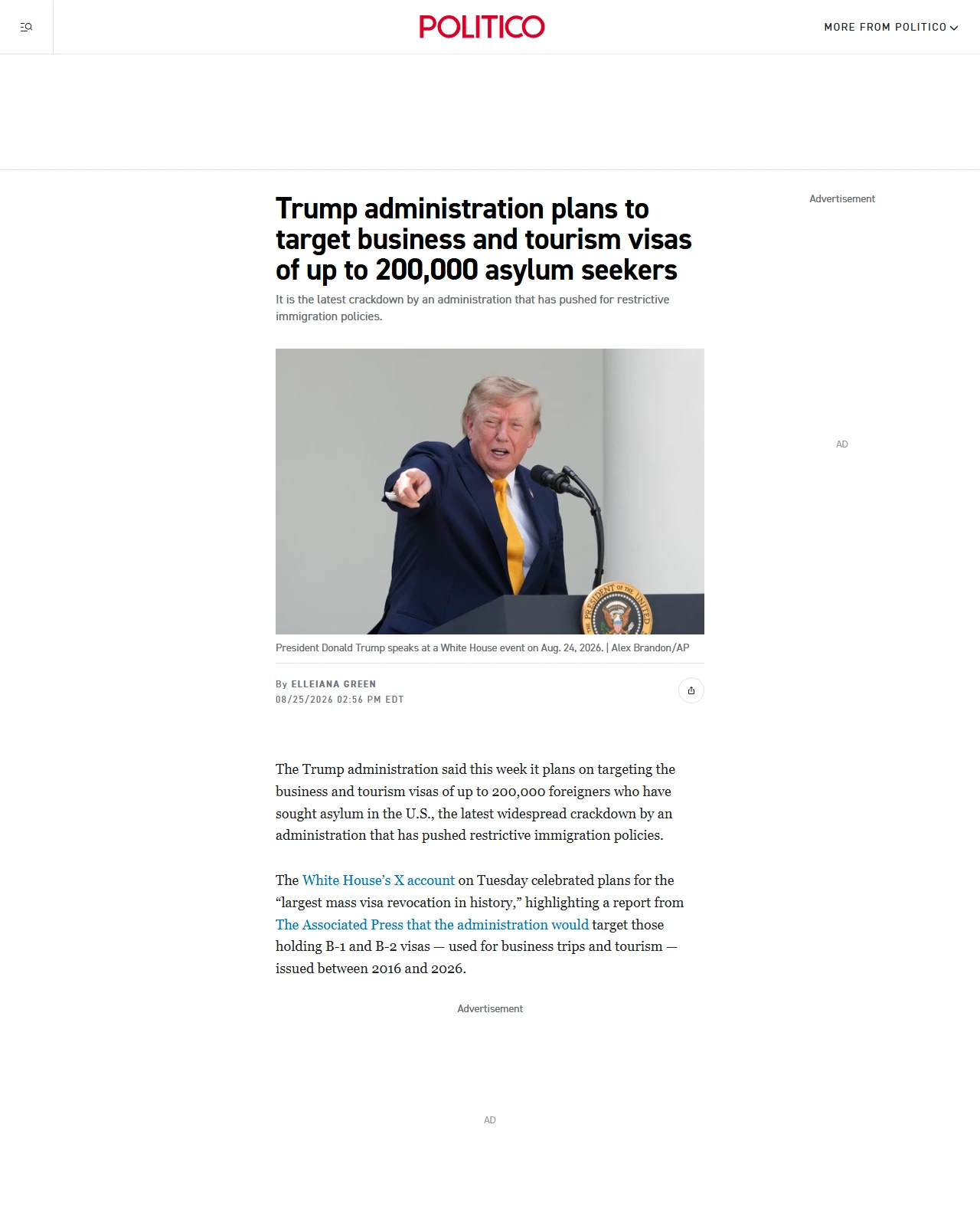politico.com as published: Trump administration plans to target business and tourism visas of up to 200,000 asylum seekers