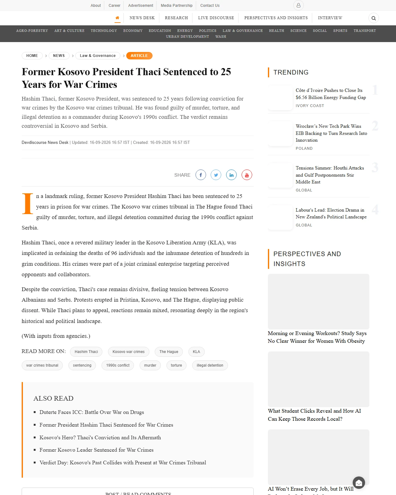 devdiscourse.com as published: Former Kosovo President Thaci Sentenced to 25 Years for War Crimes