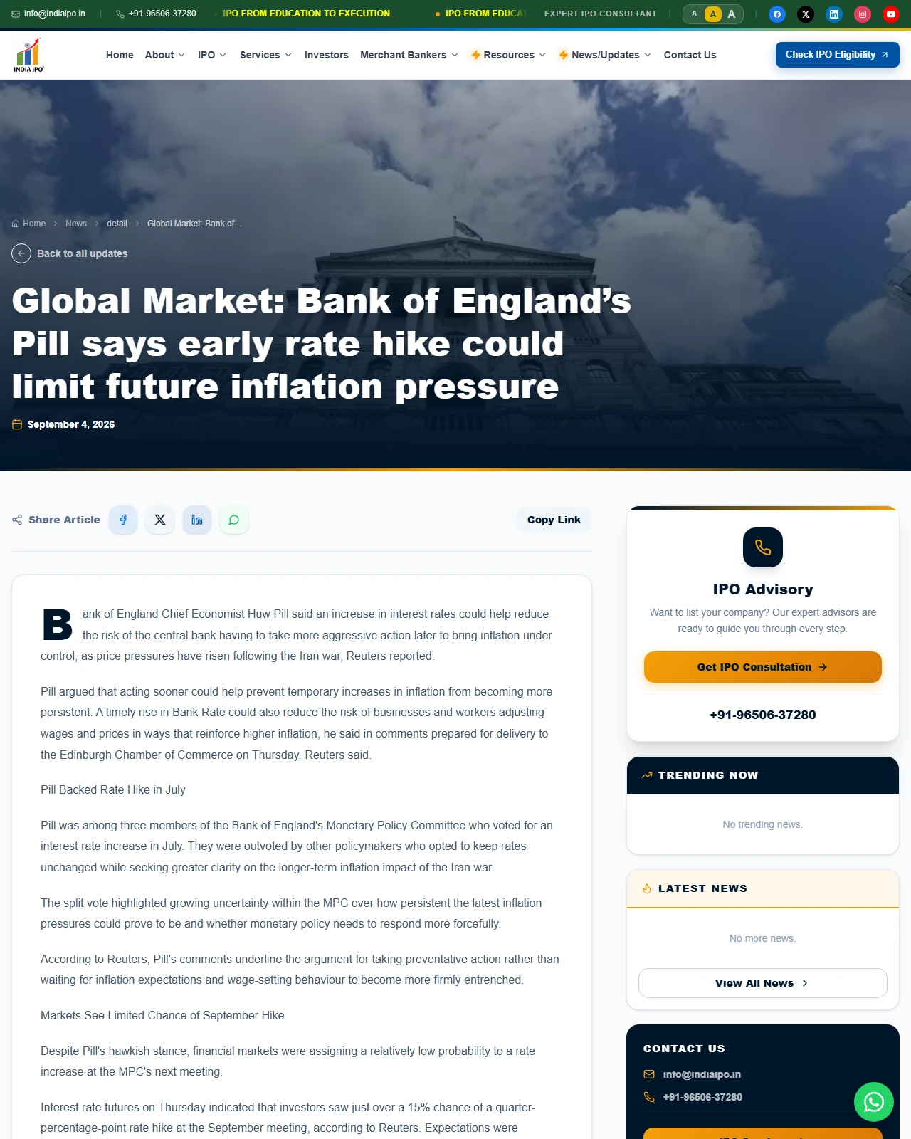indiaipo.in as published: Global Market: Bank of England’s Pill says early rate hike could limit future inflation pressure