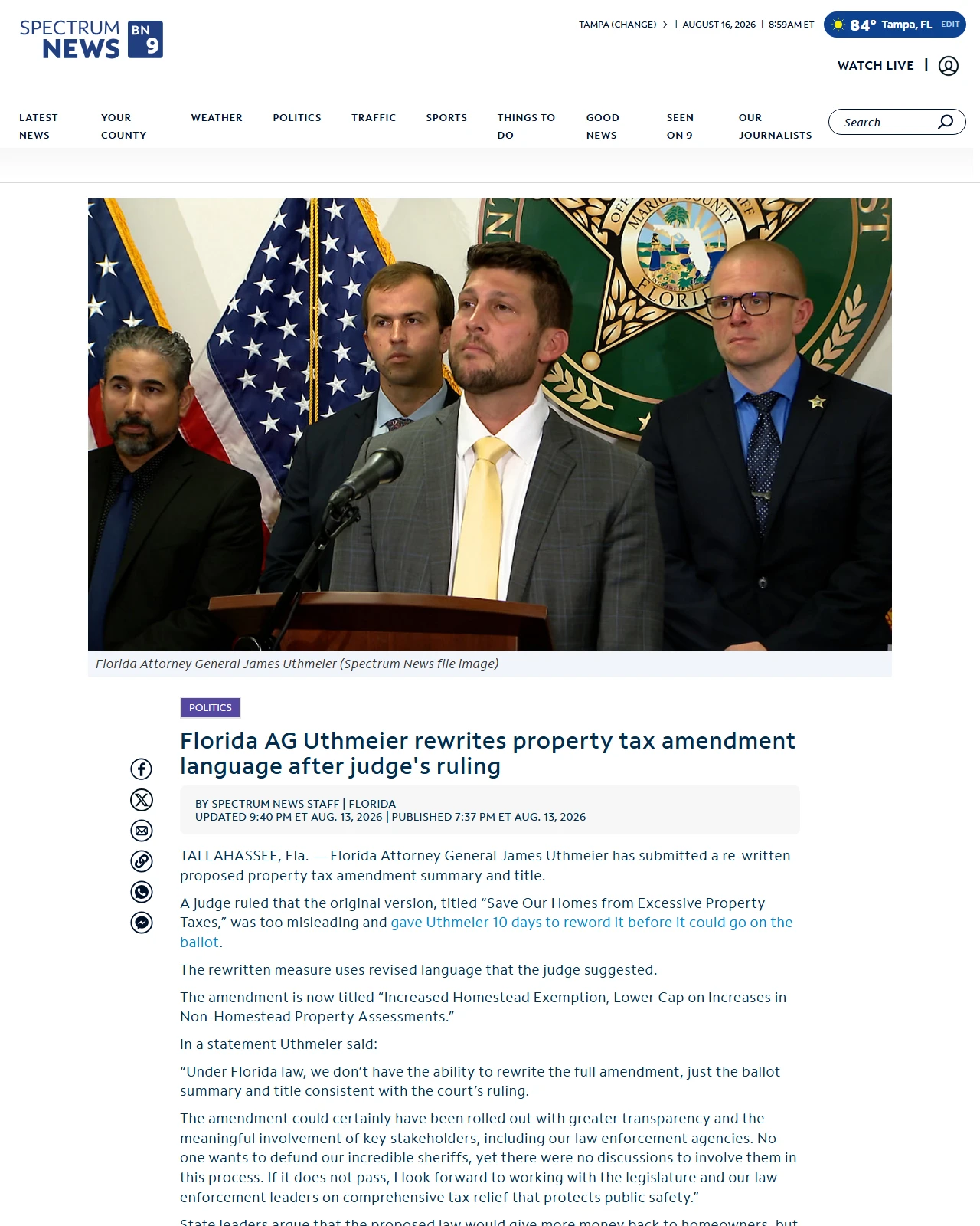 baynews9.com as published: Florida AG Uthmeier rewrites property tax amendment language after judge's ruling