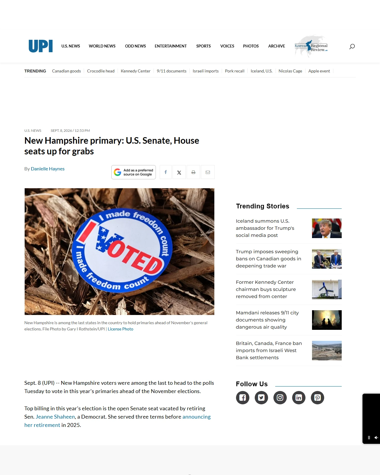 upi.com as published: New Hampshire primary: U.S. Senate, House seats up for grabs