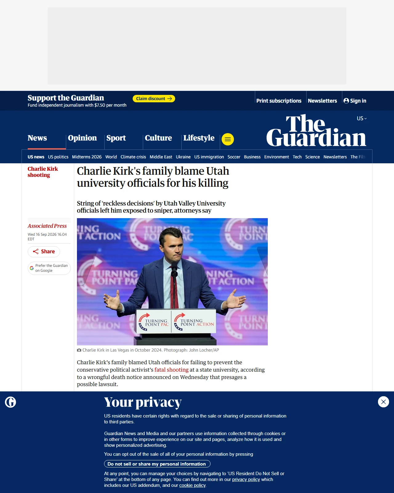 theguardian.com as published: Charlie Kirk's family blame Utah university officials for his killing