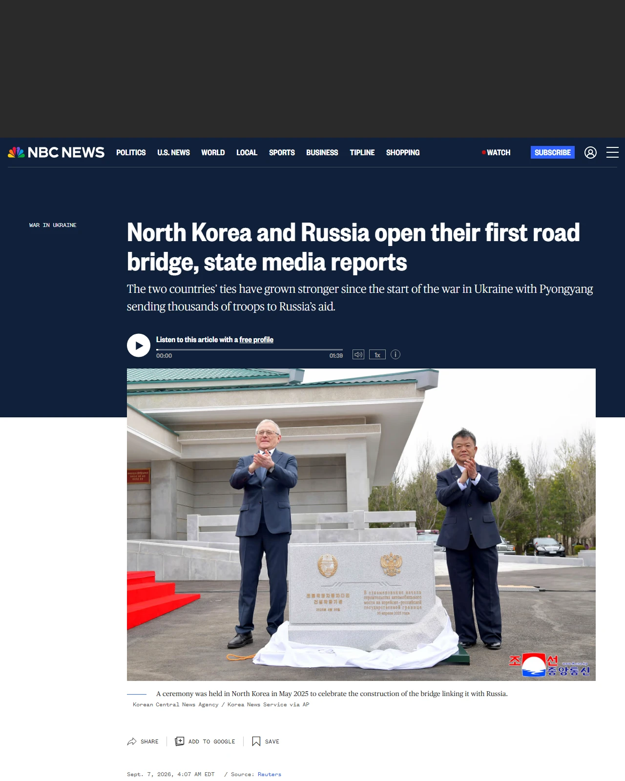 nbcnews.com as published: North Korea and Russia open their first road bridge, state media reports
