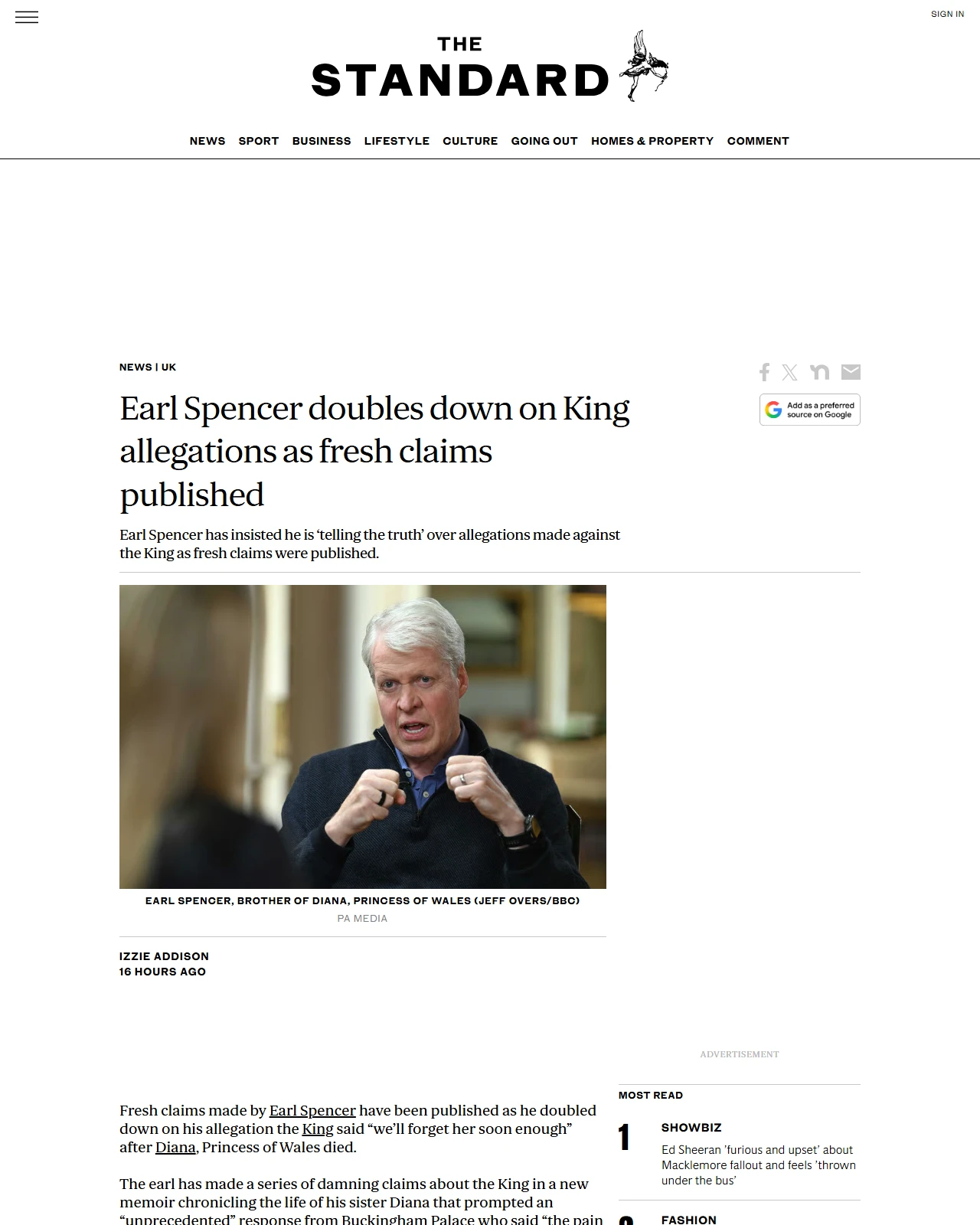 standard.co.uk as published: Earl Spencer doubles down on King allegations as fresh claims published