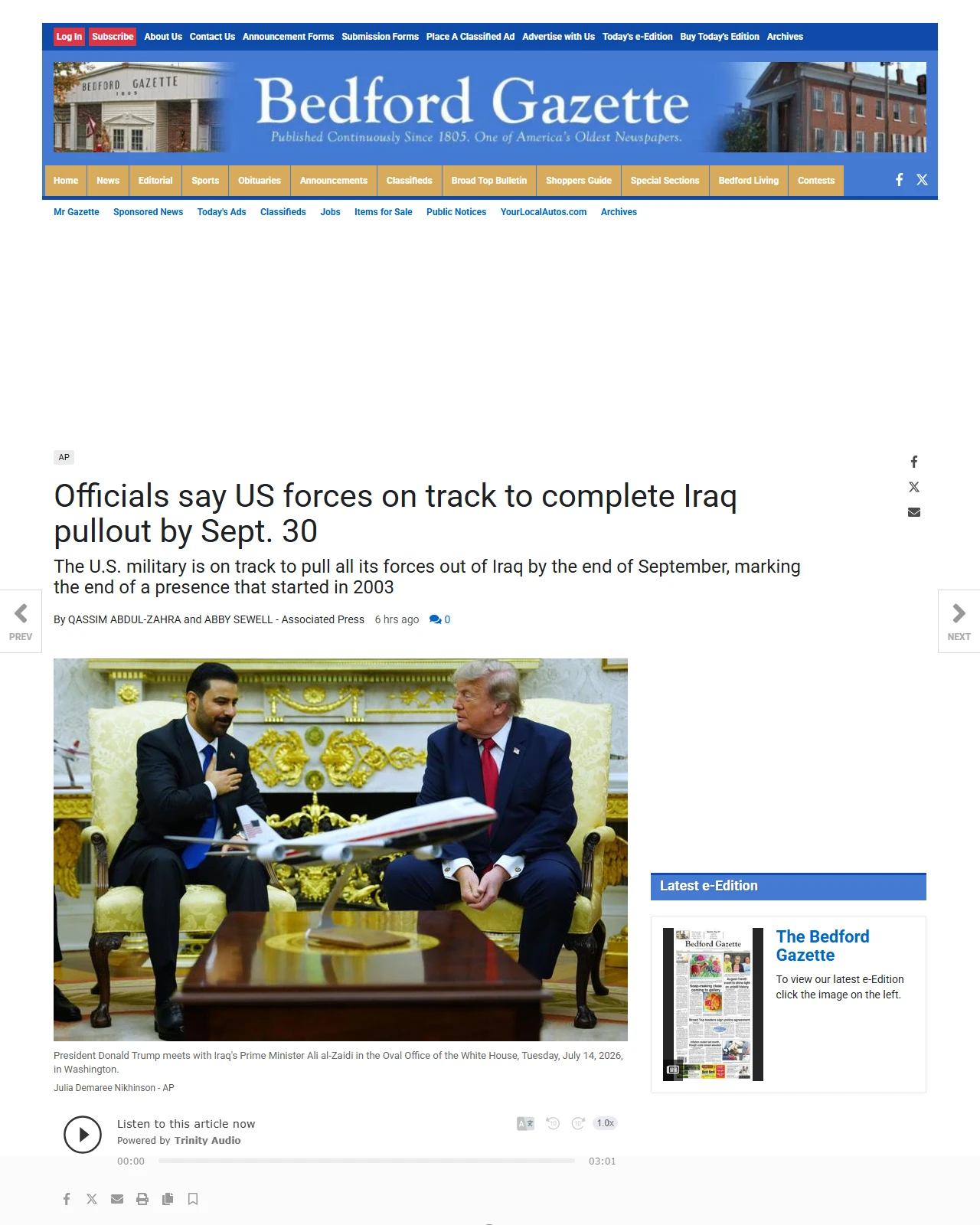 bedfordgazette.com as published: Officials say US forces on track to complete Iraq pullout by Sept. 30