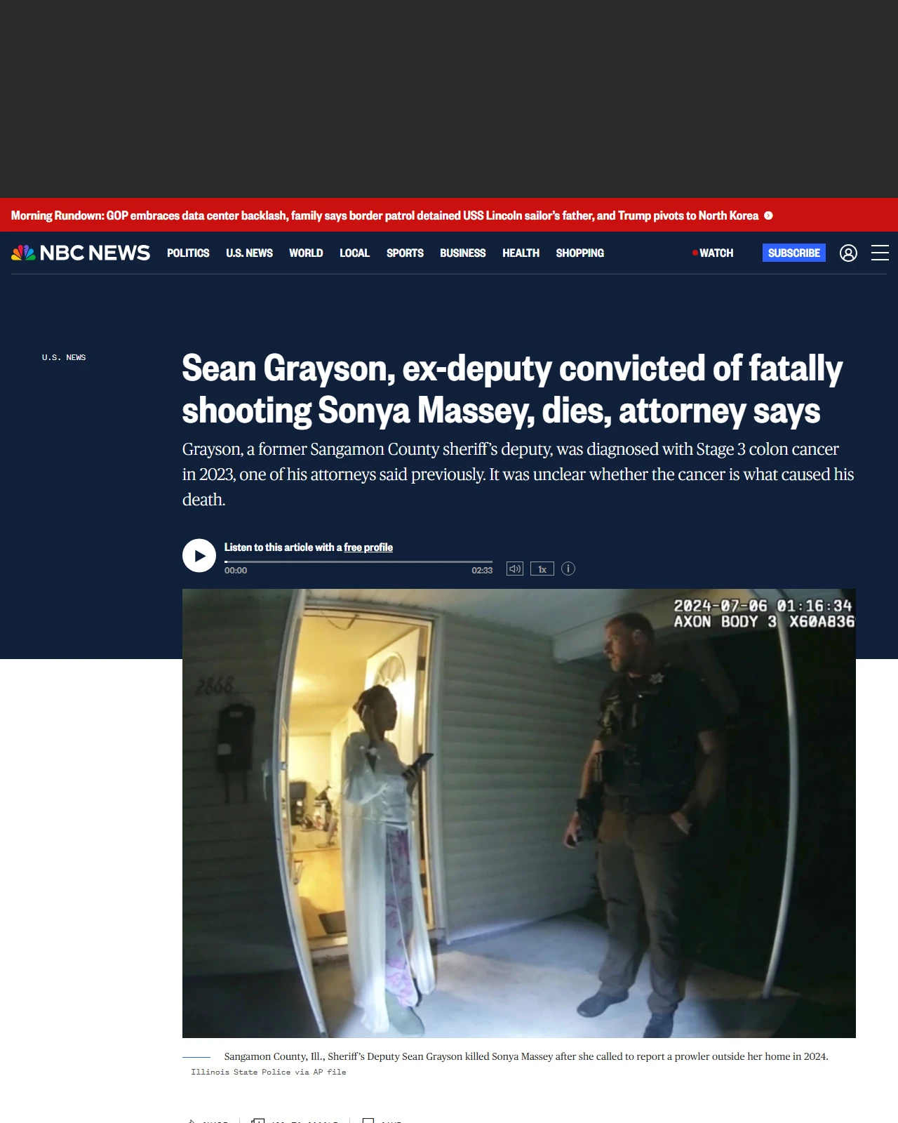 nbcnews.com as published: Sean Grayson, ex-deputy convicted of fatally shooting Sonya Massey, dies, attorney says