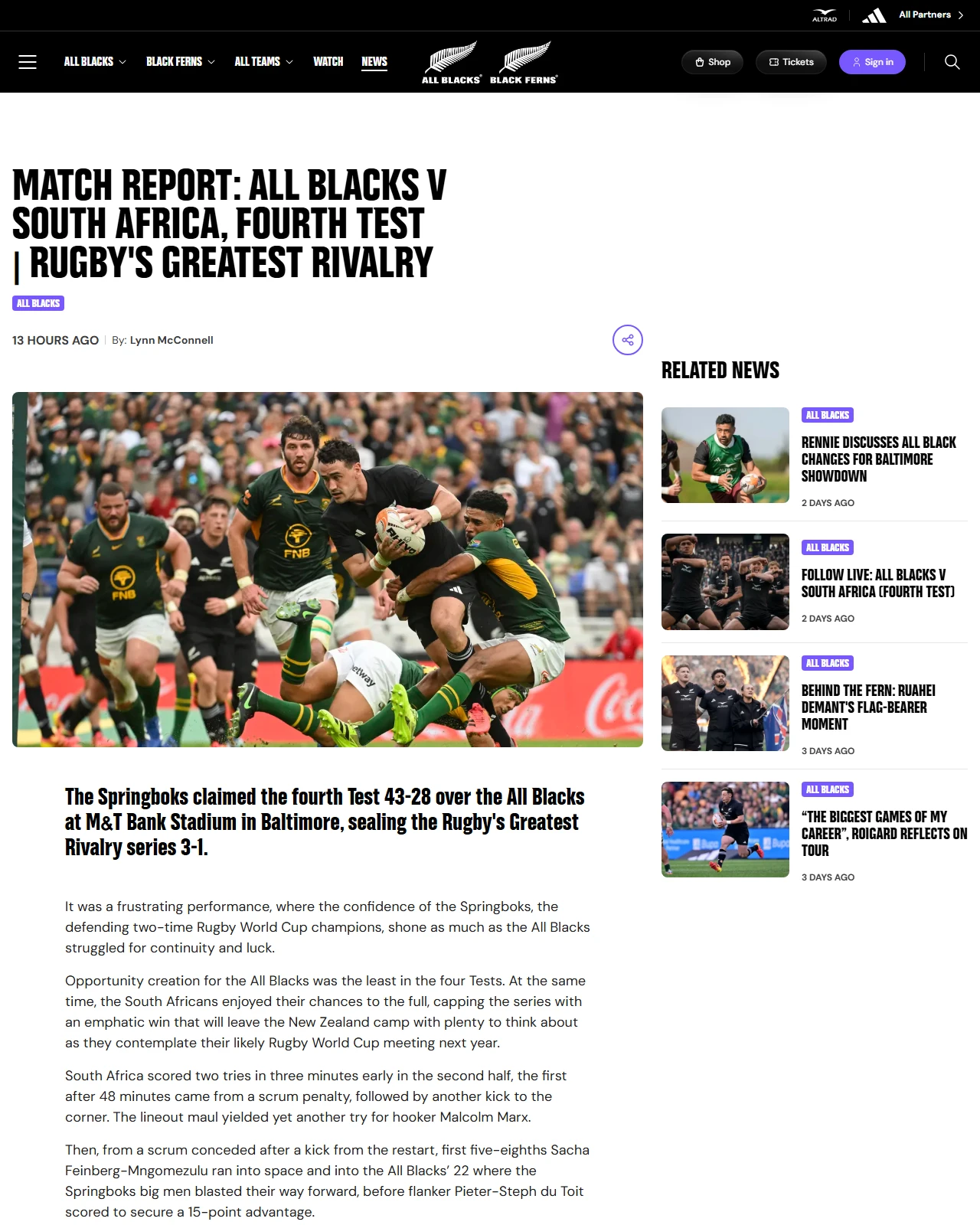 allblacks.com as published: Match Report: All Blacks v South Africa, Fourth Test | Rugby's Greatest Rivalry