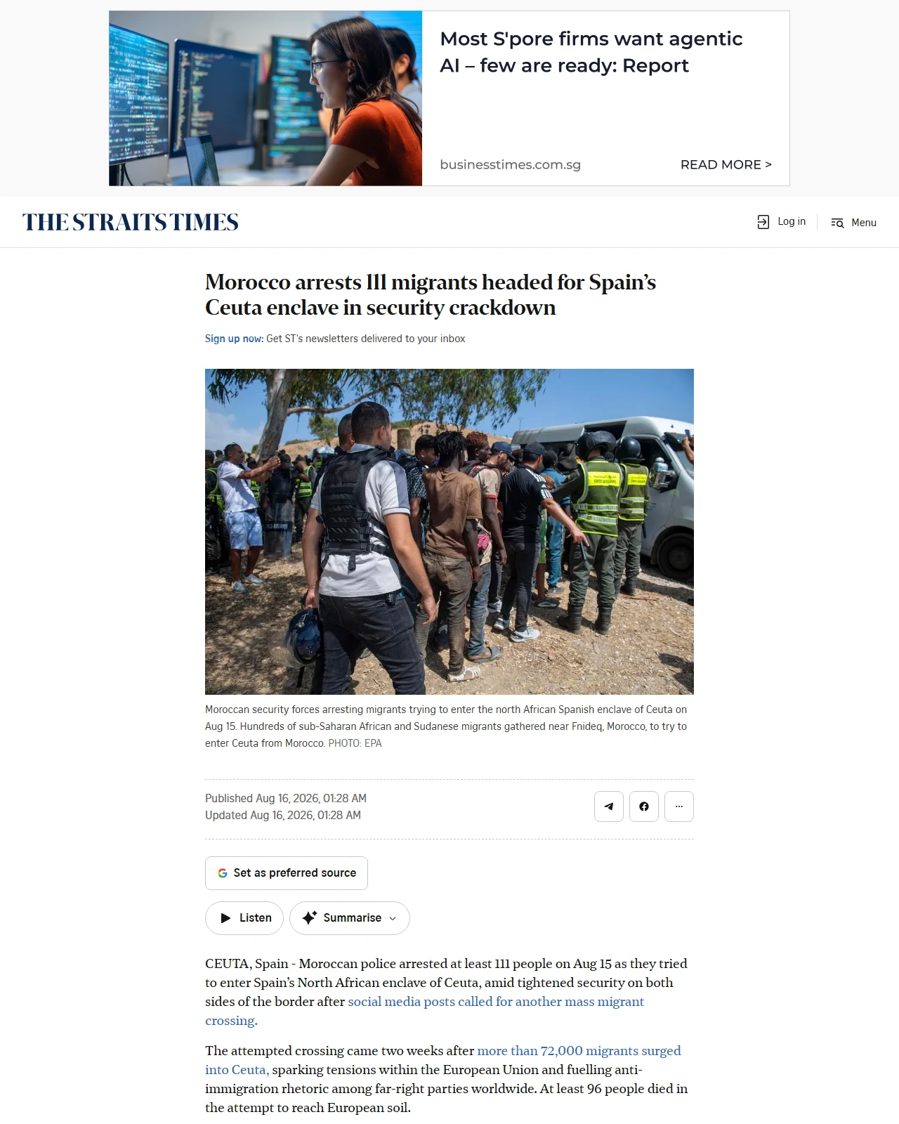 straitstimes.com as published: Morocco arrests 111 migrants headed for Spain’s Ceuta enclave in security crackdown