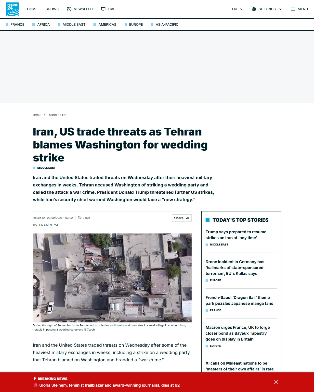 s.france24.com as published: Iran, US trade threats as Tehran blames Washington for wedding strike
